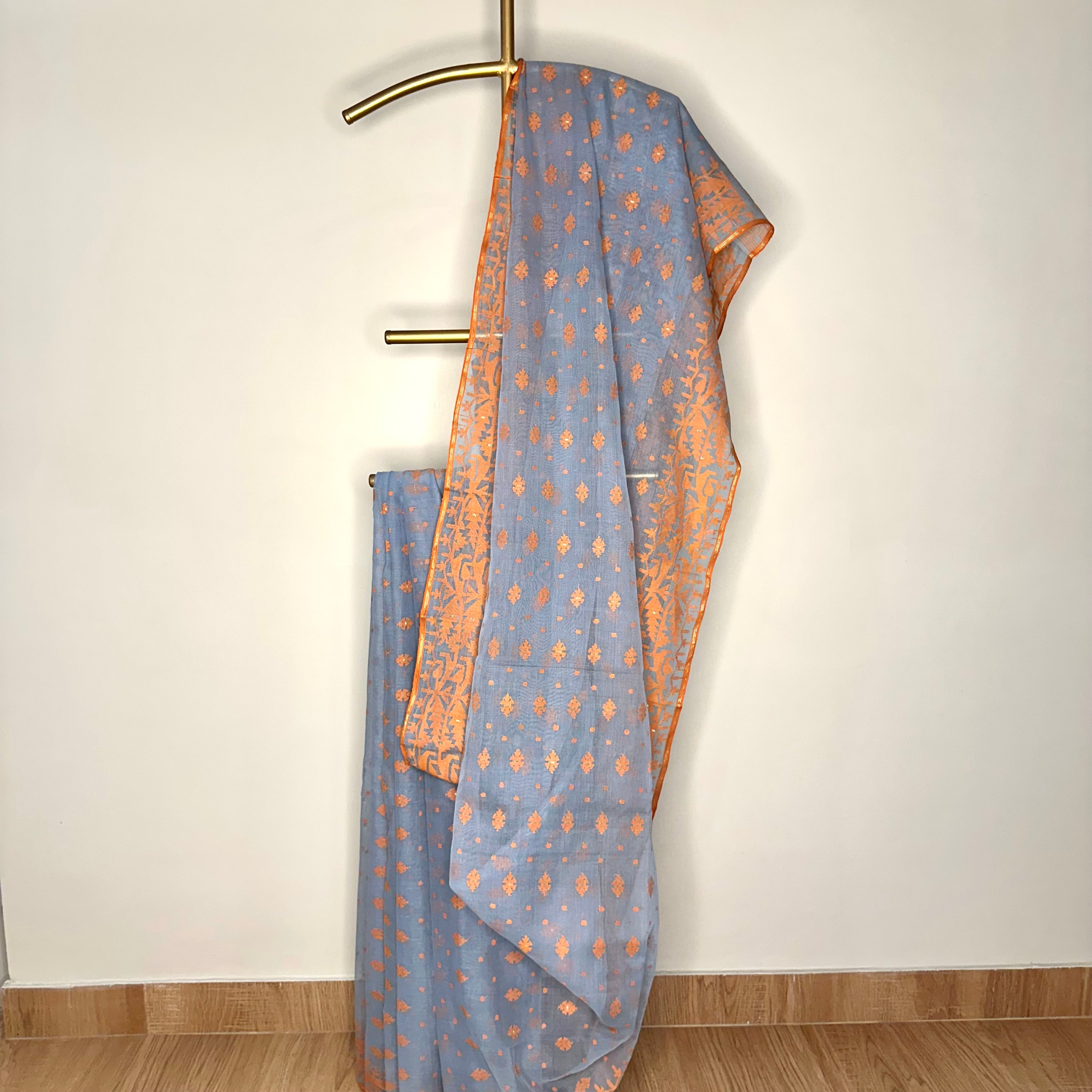 Greyish Sky Blue and Orange Dhakai Jamdani