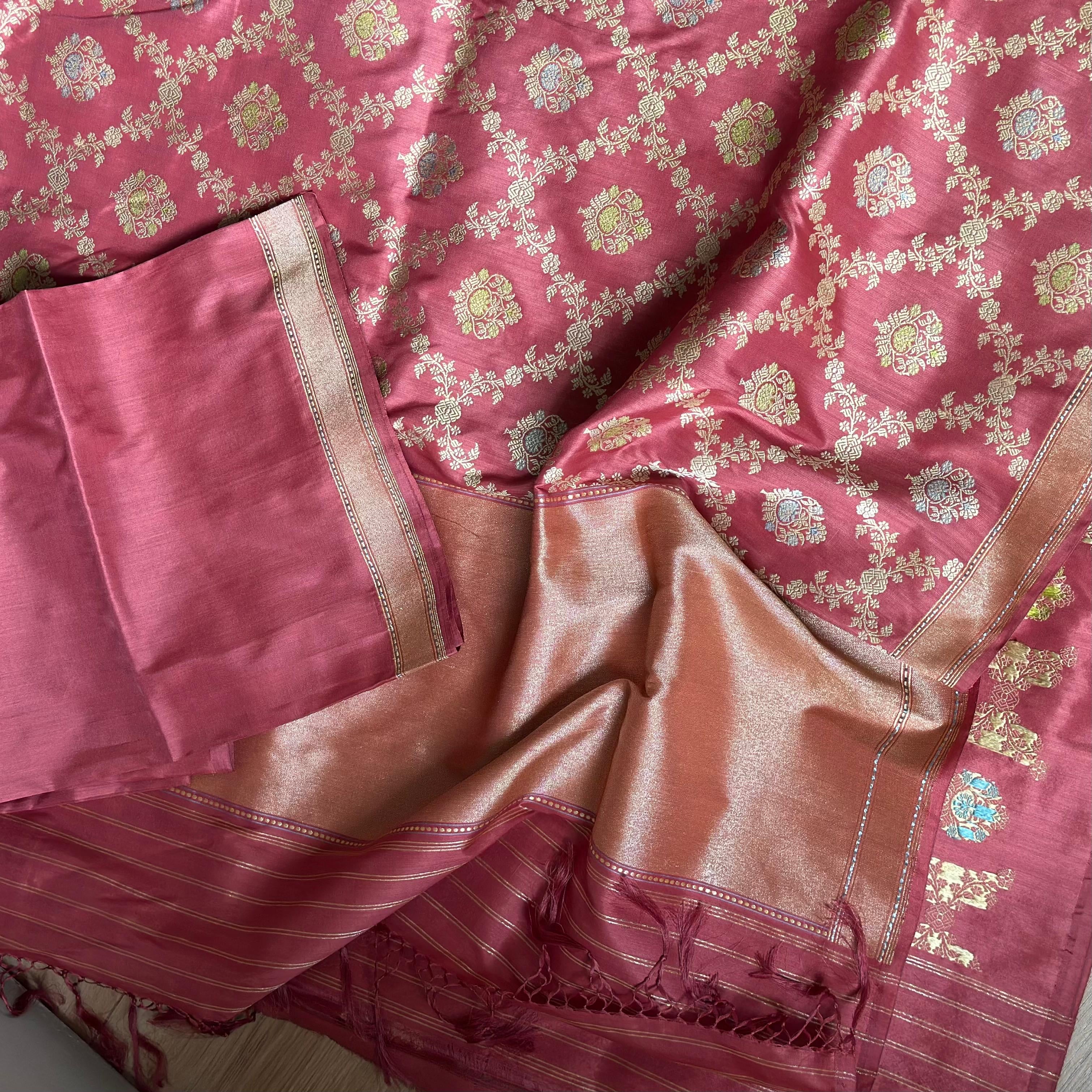 Natural Dyed Red Khadwa Jaal Benarasi