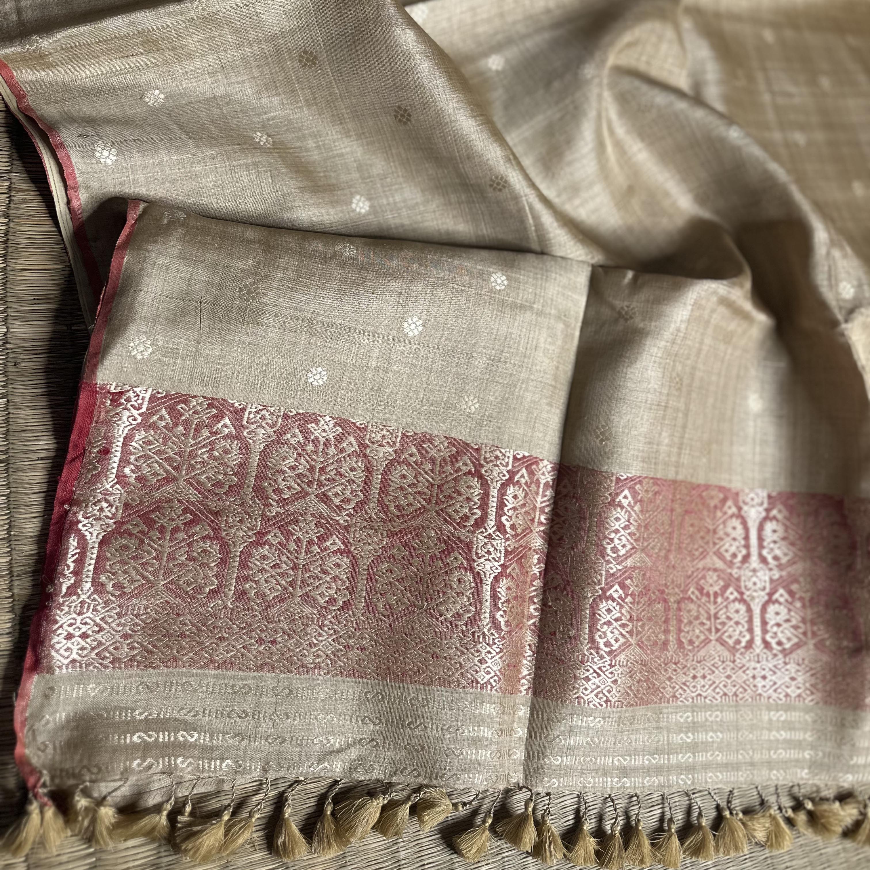Heirloom Pure Assam Muga Saree with Red Natural Dyed Eri Extra Weft