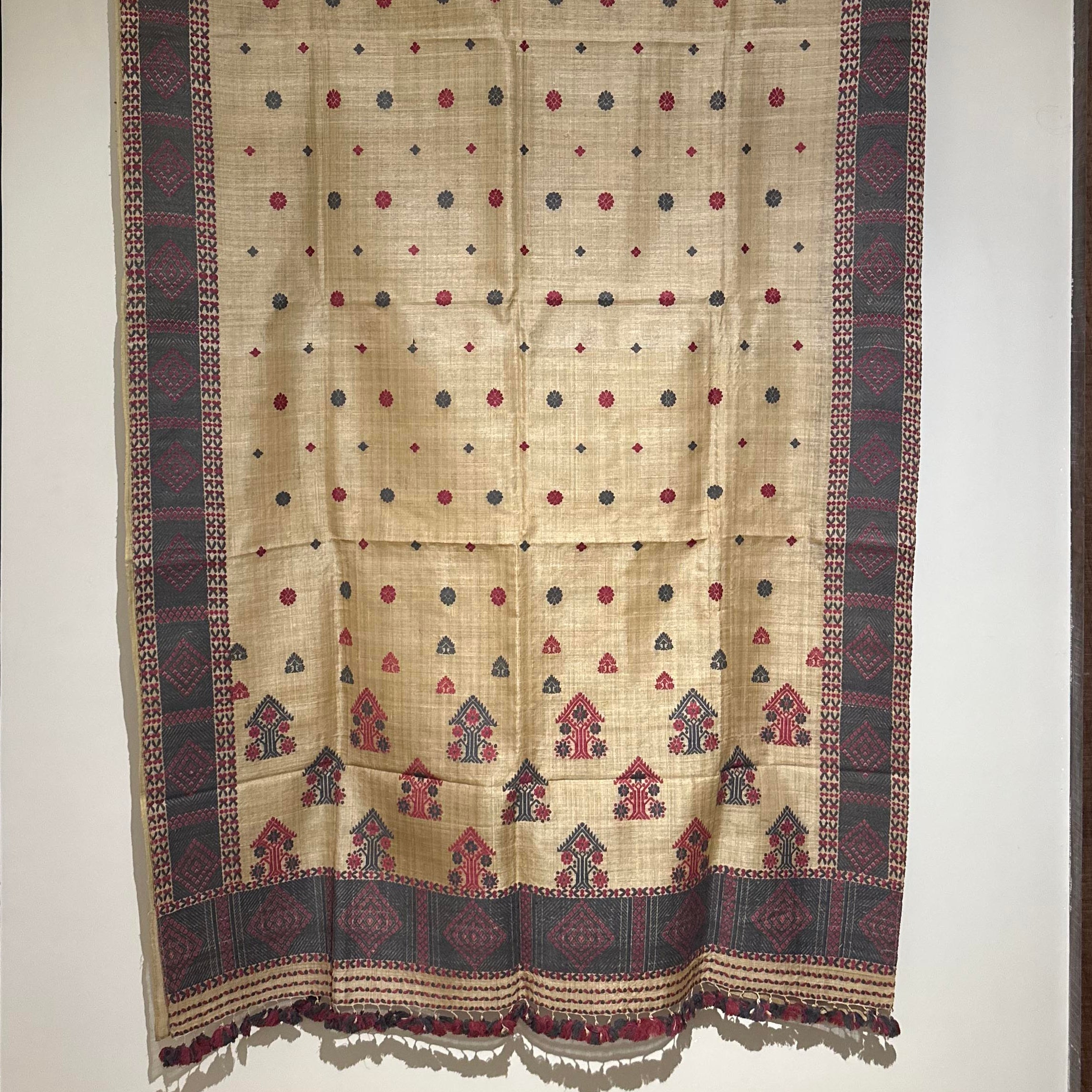 Heirloom Pure Assam Muga Saree with Natural Dyed Eri Extra Weft in Red and Grey
