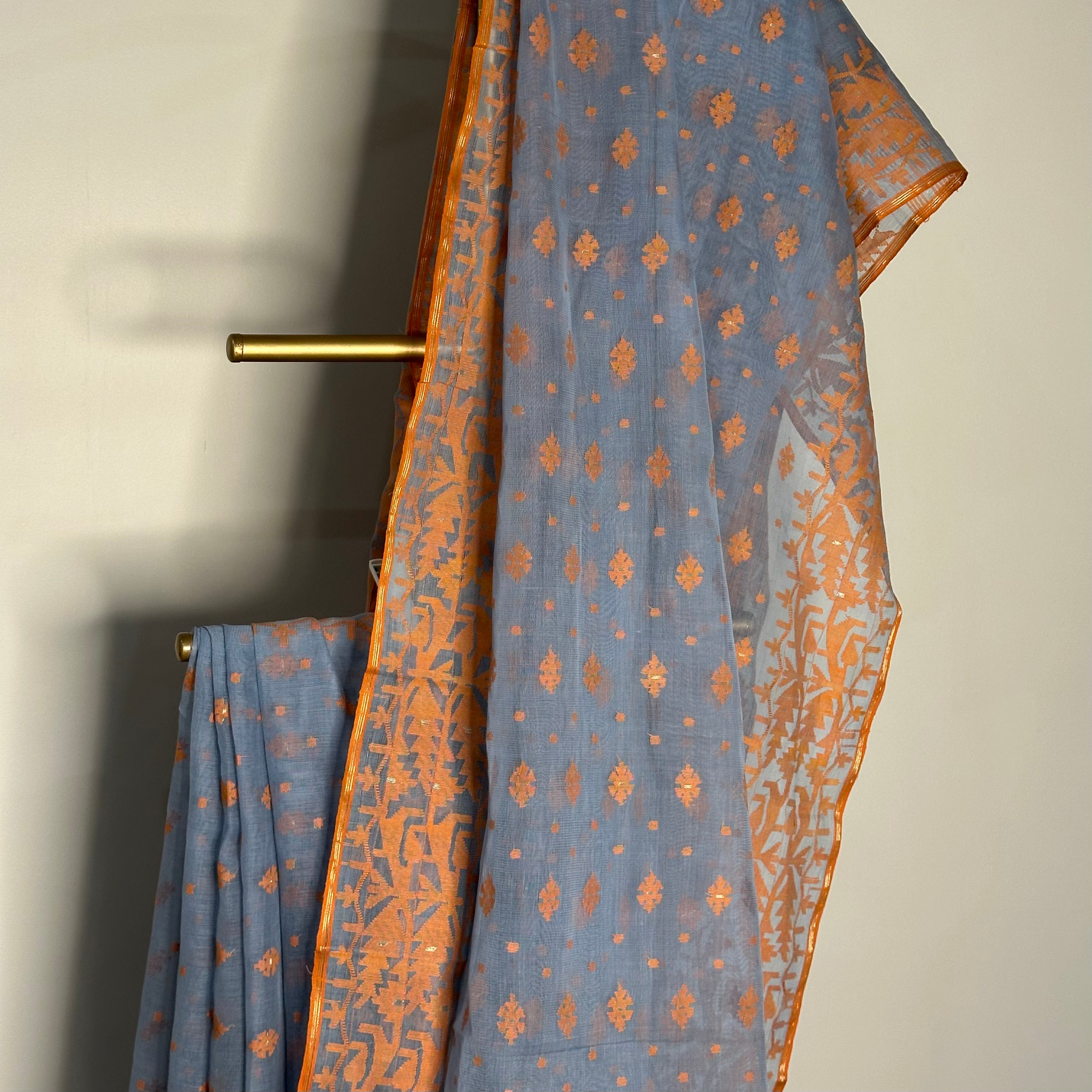 Greyish Sky Blue and Orange Dhakai Jamdani
