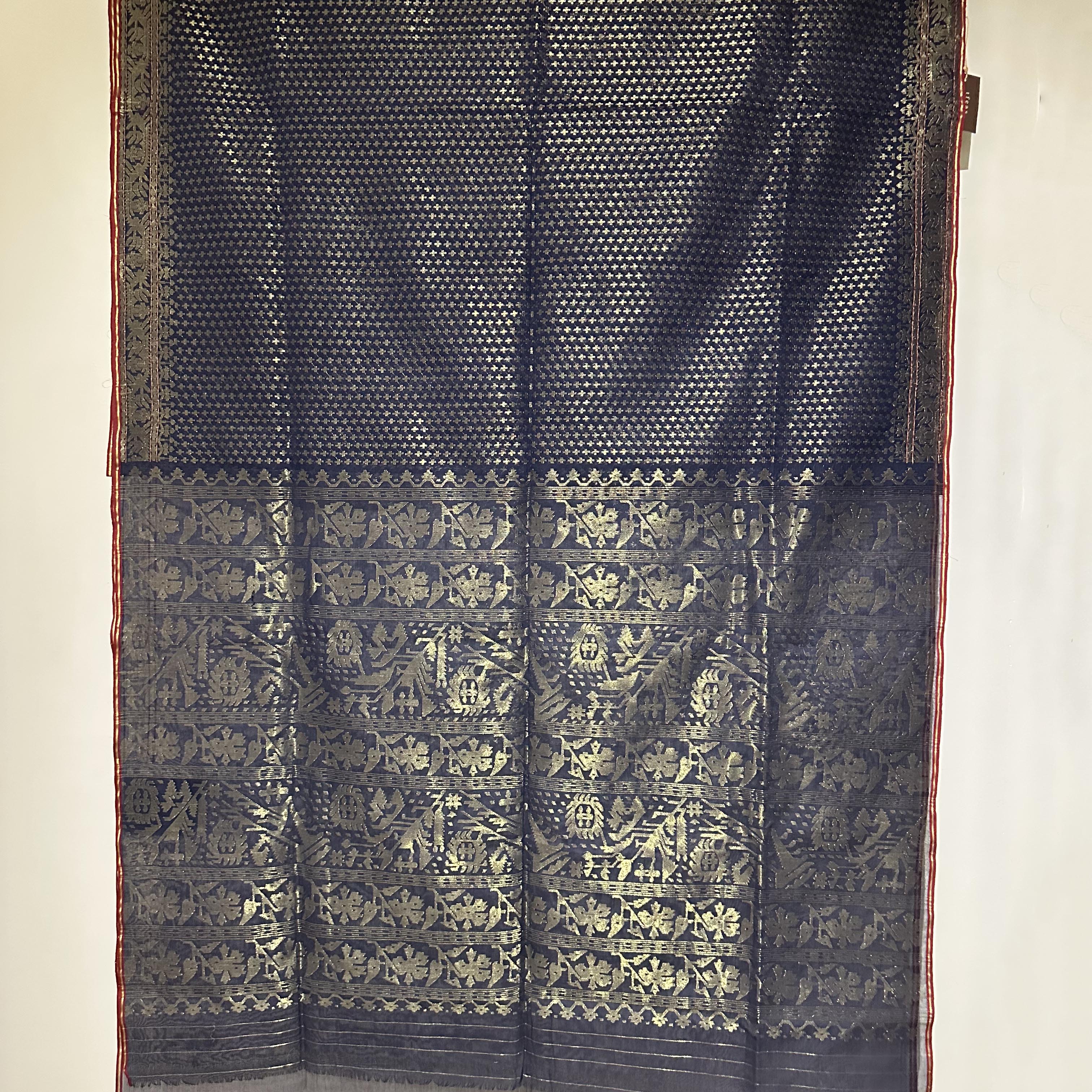 natural Dyed Indigo with Golden Zari Dhakai Jamdani