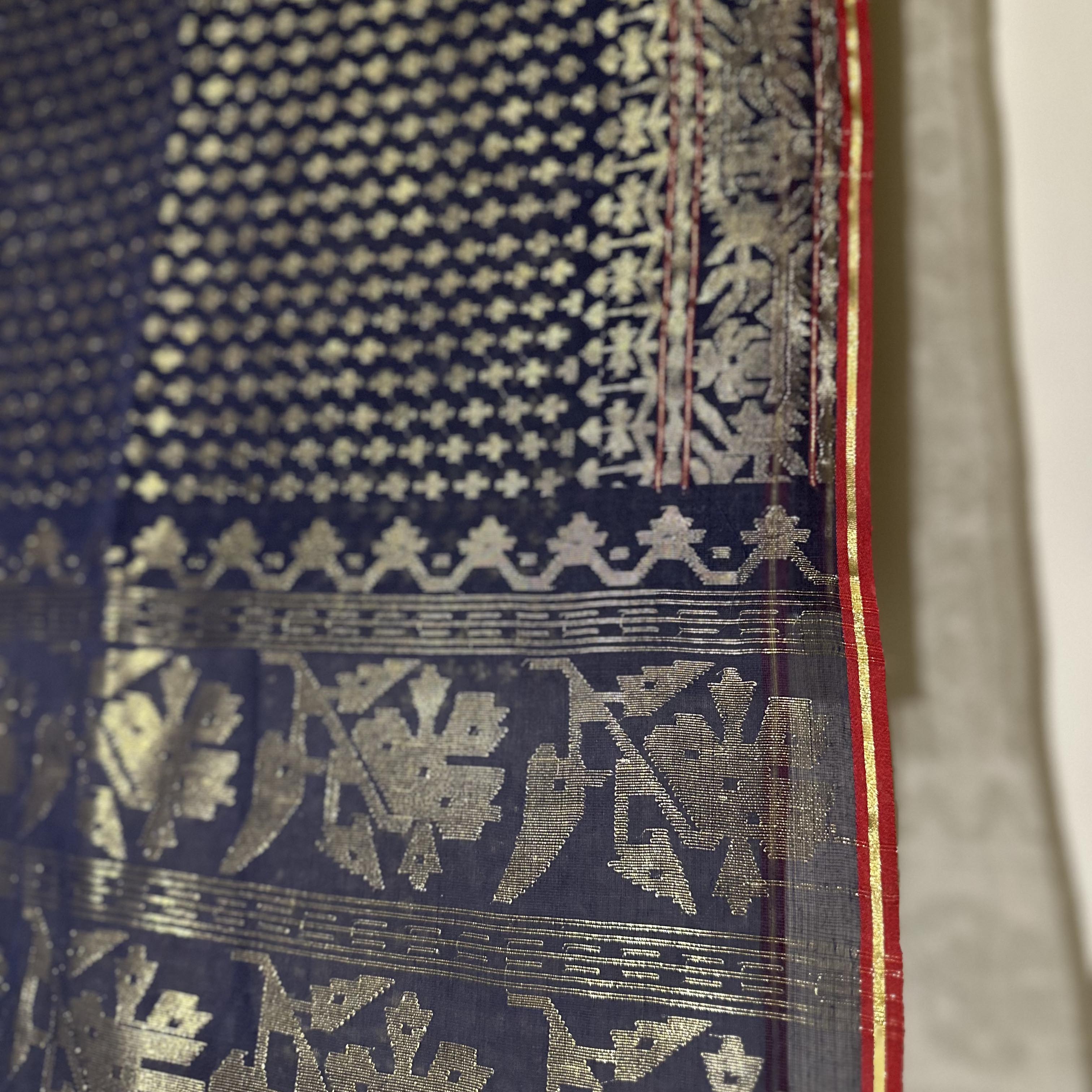 natural Dyed Indigo with Golden Zari Dhakai Jamdani