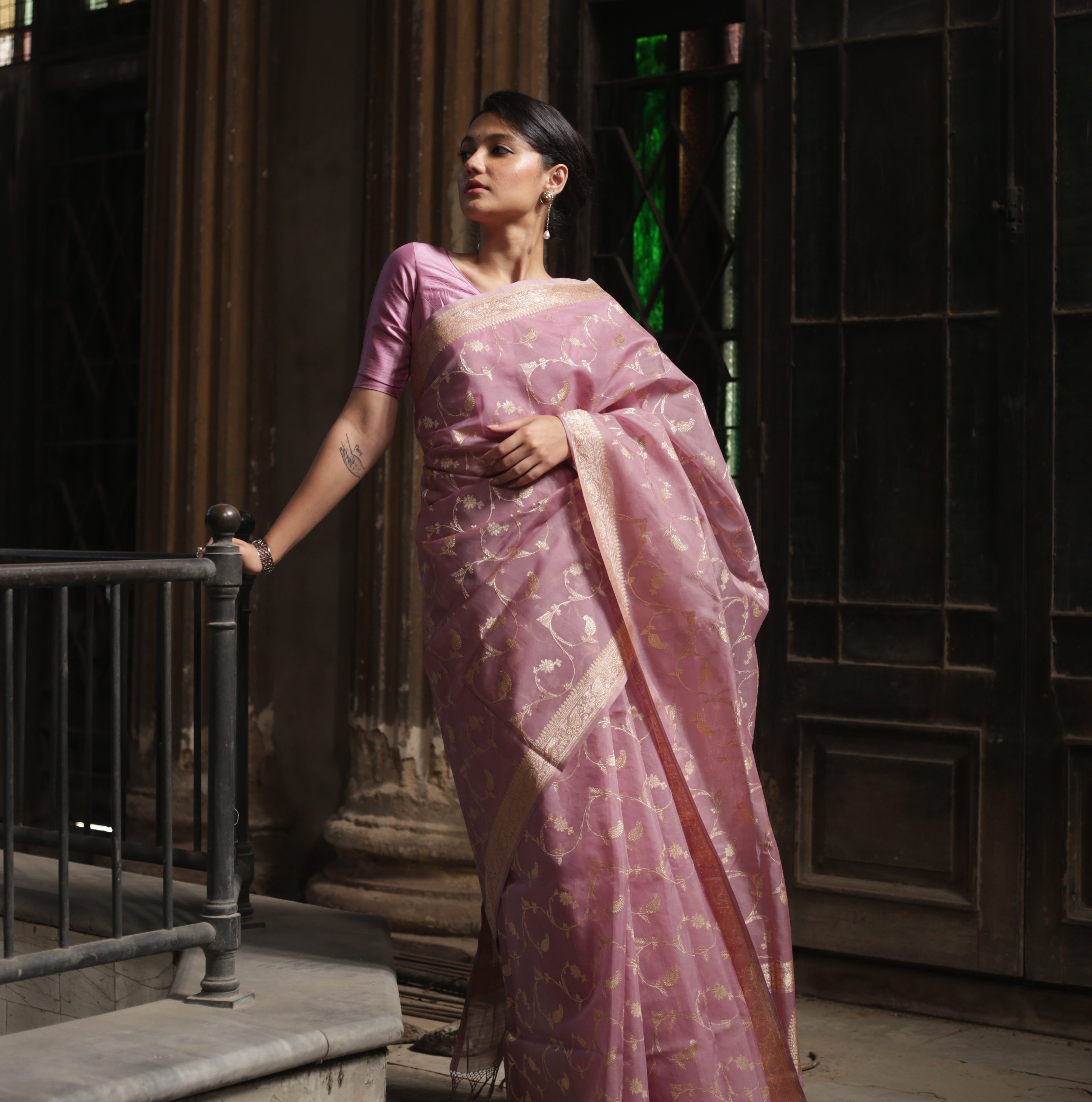 Old Rose Kora Silk Jangla Khadwa Benarasi