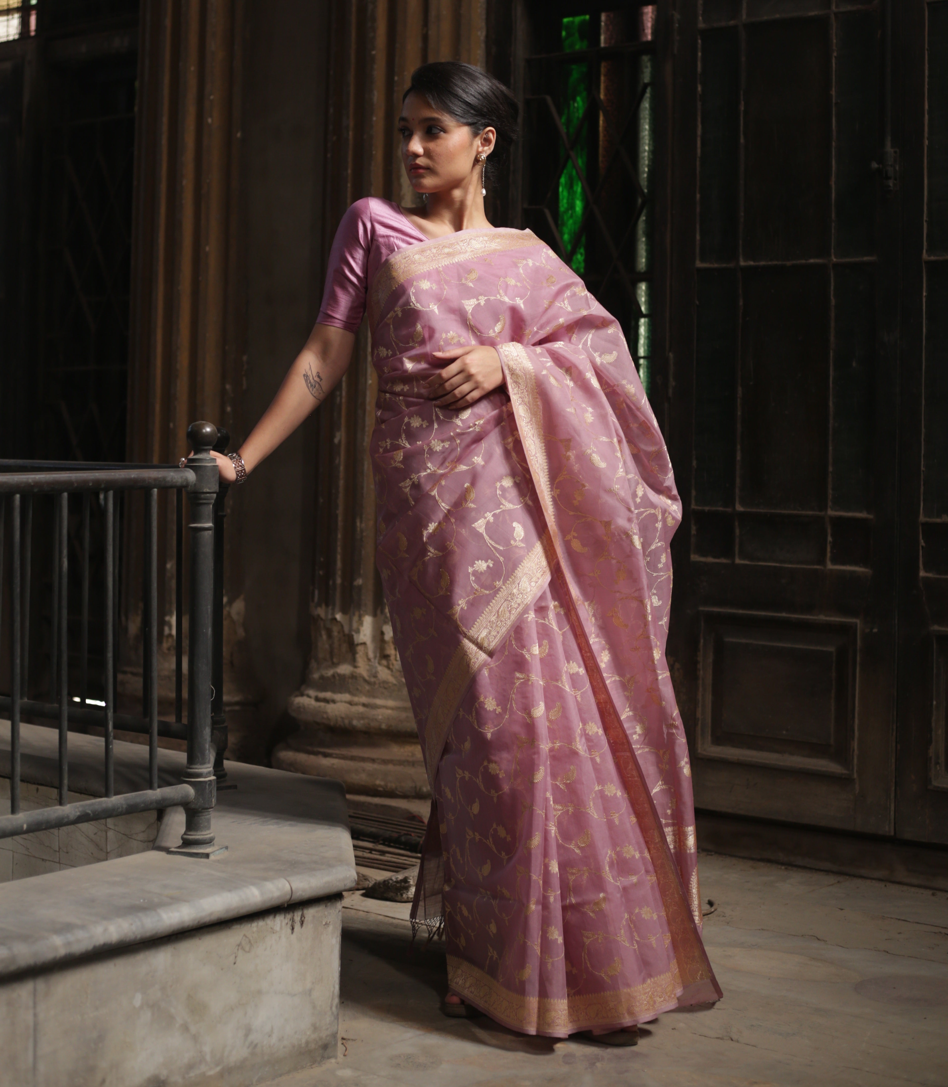 Old Rose Kora Silk Jangla Khadwa Benarasi