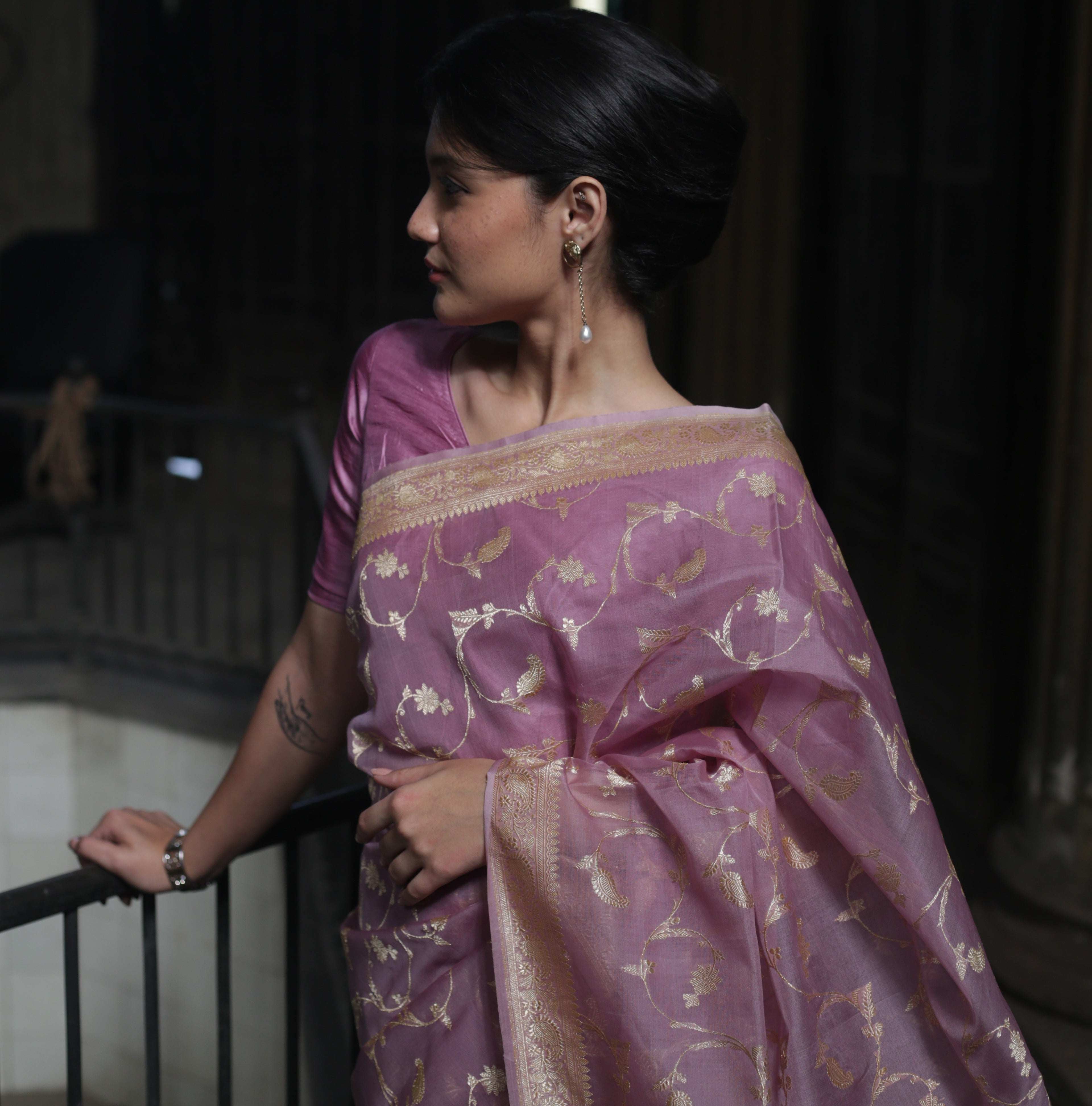 Old Rose Kora Silk Jangla Khadwa Benarasi