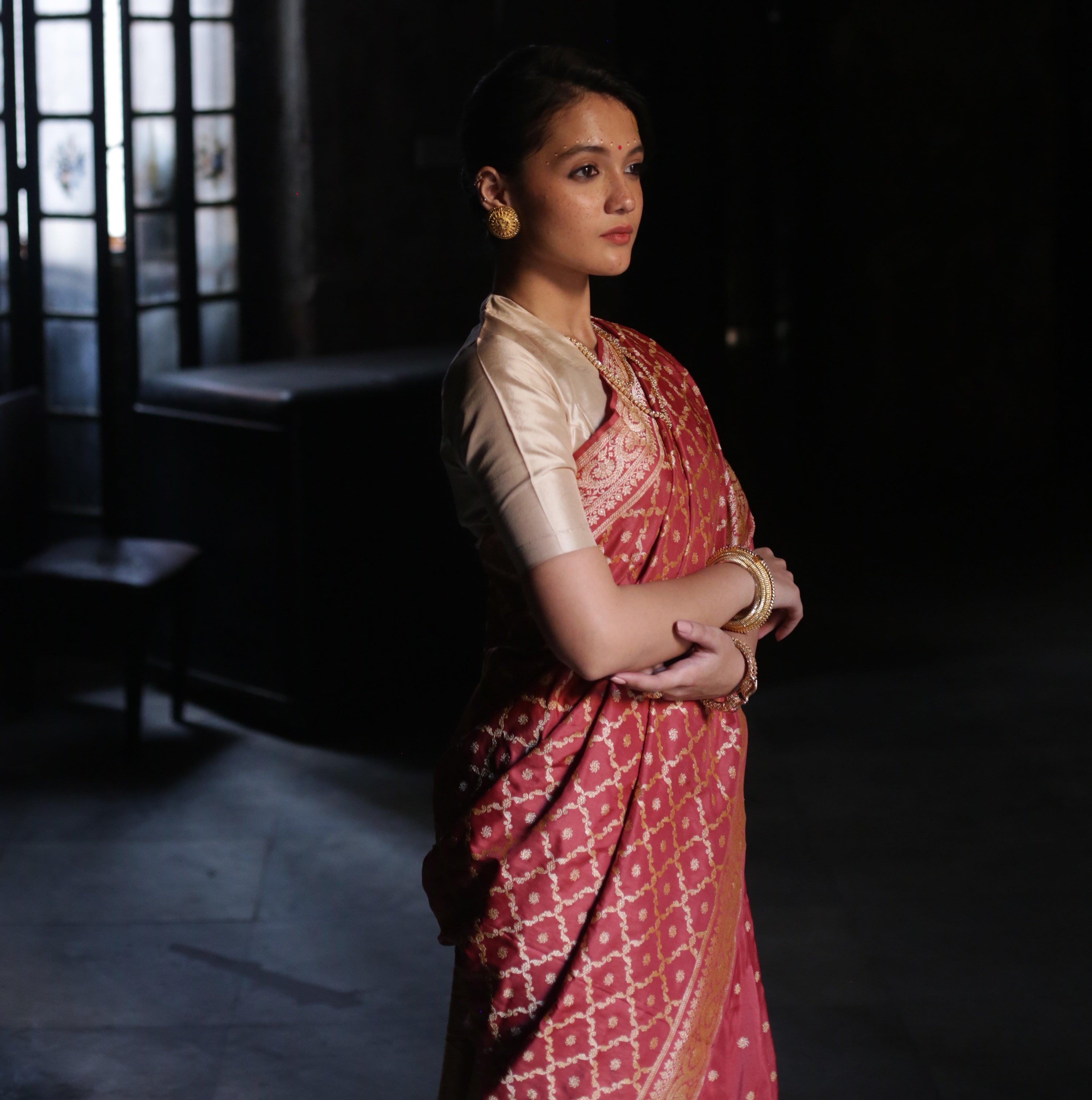 Crimson Natural Dyed Red Khadwa Jaal Benarasi