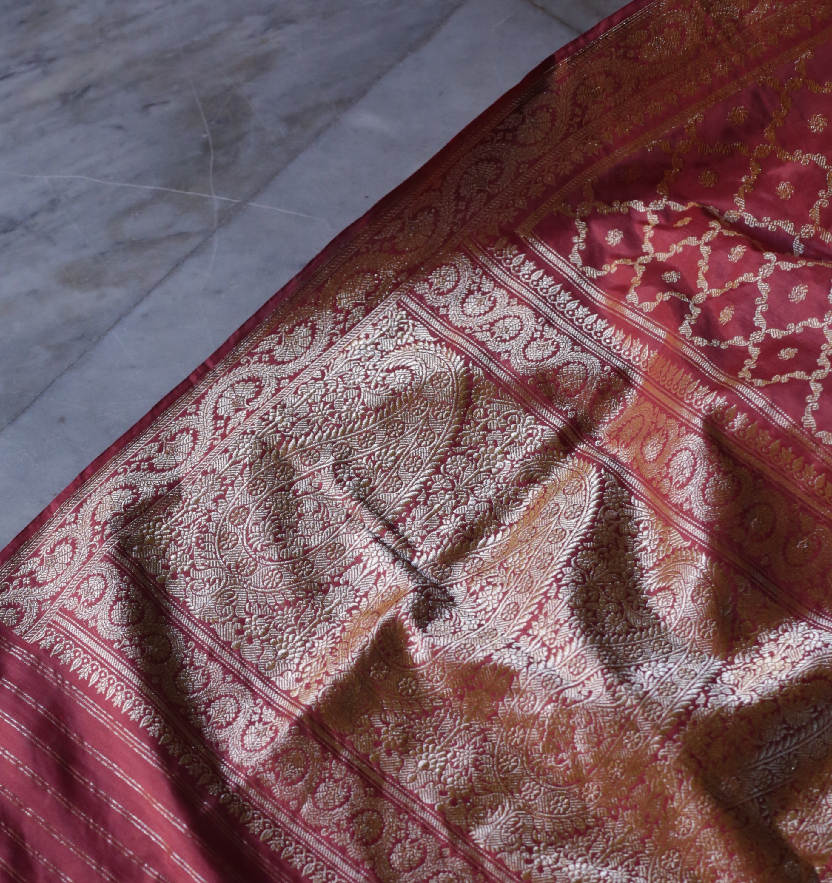 Crimson Natural Dyed Red Khadwa Jaal Benarasi