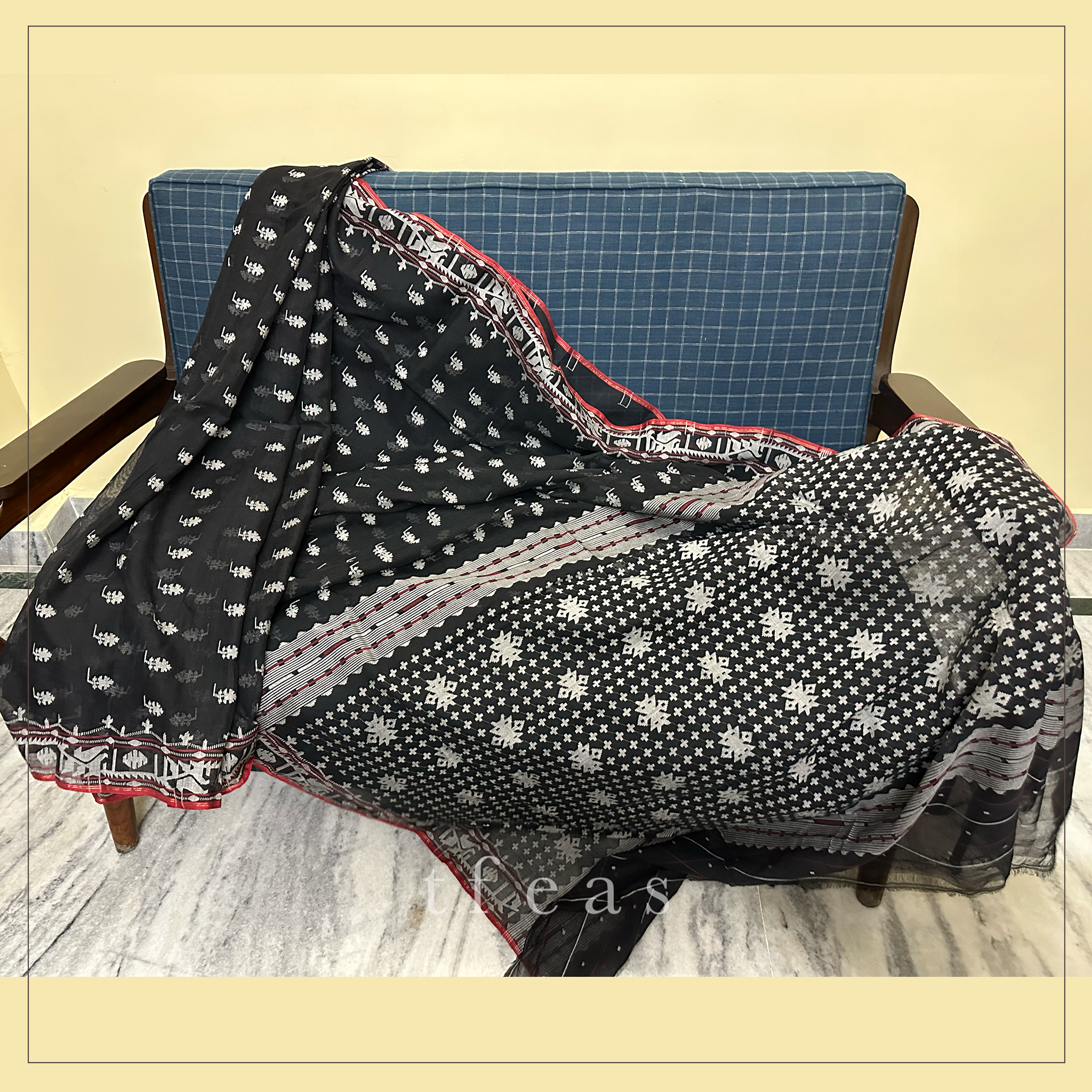Black Dhakai Jamdani with Red Selvedge
