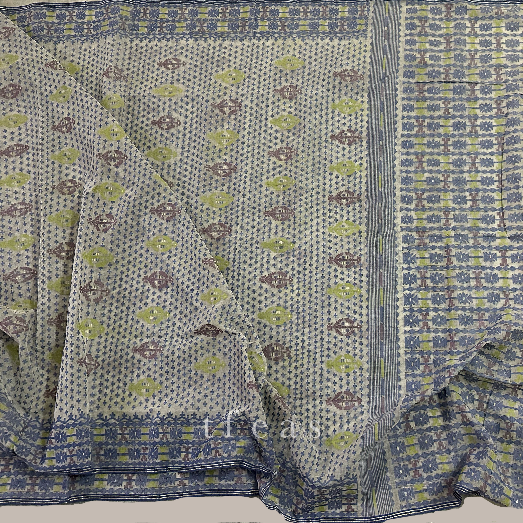 White and Greyish Blue with Lime Green and Brown Dhakai Jamdani