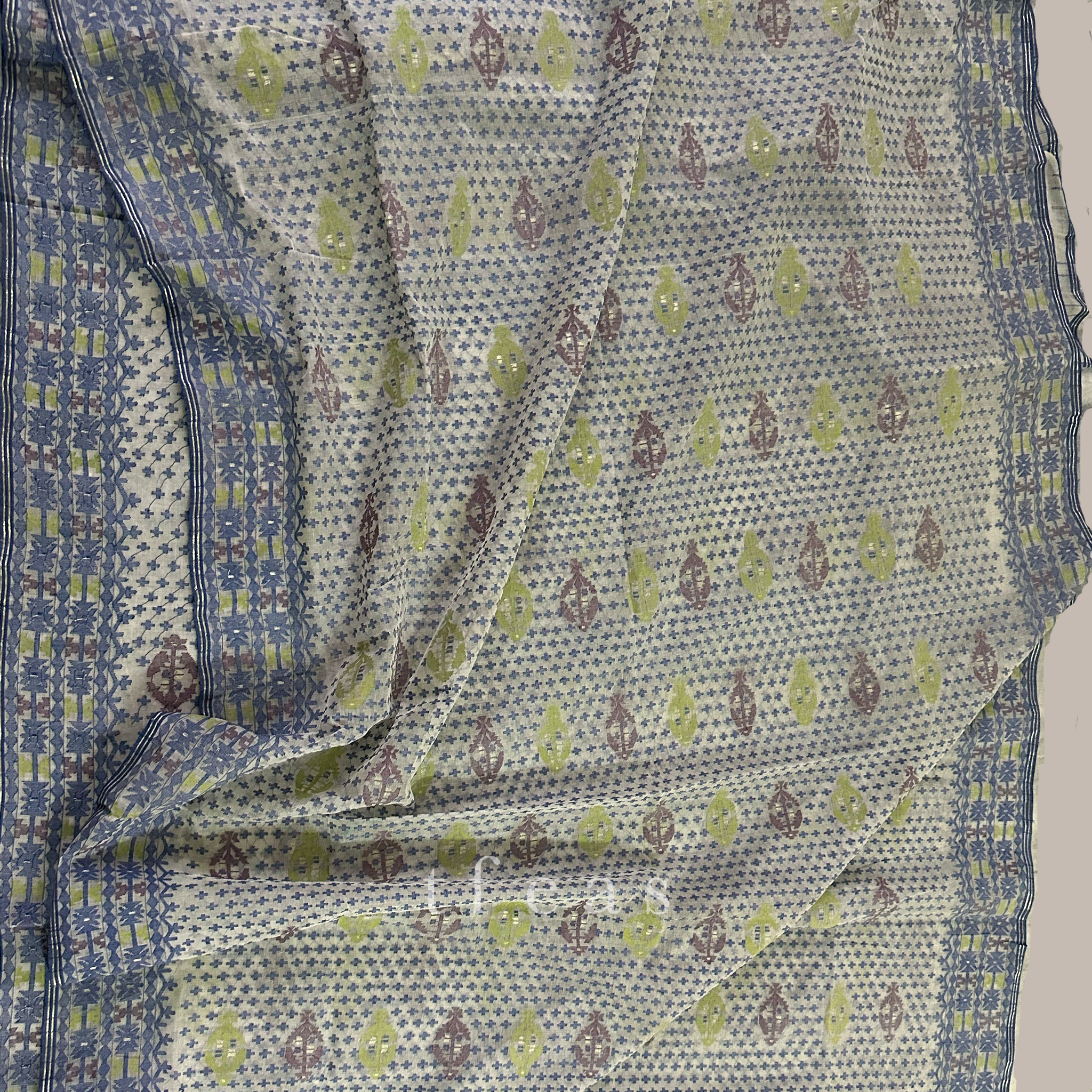 White and Greyish Blue with Lime Green and Brown Dhakai Jamdani