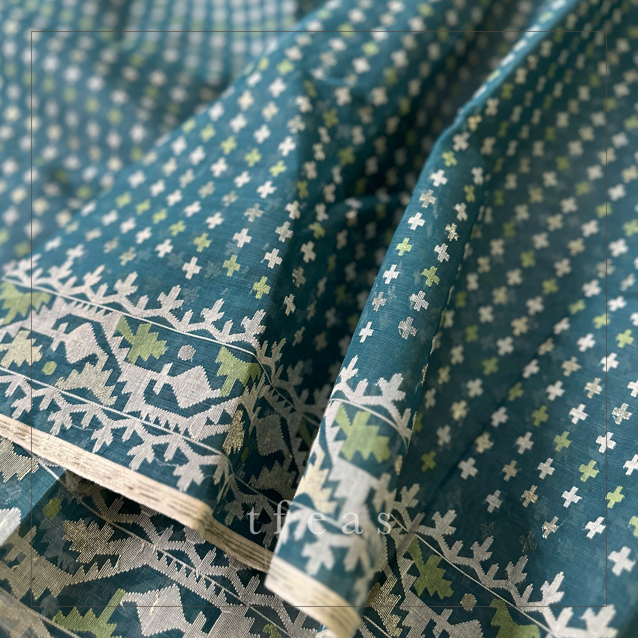 Peacock Green Blue with Green and Zari Dhakai Jamdani