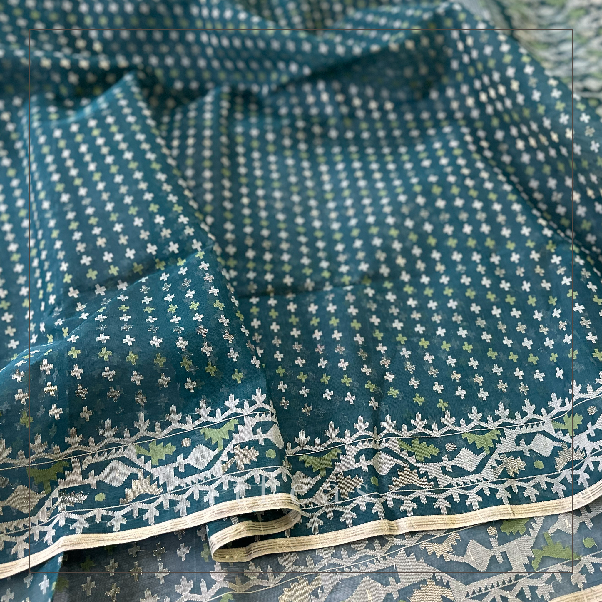 Peacock Green Blue with Green and Zari Dhakai Jamdani