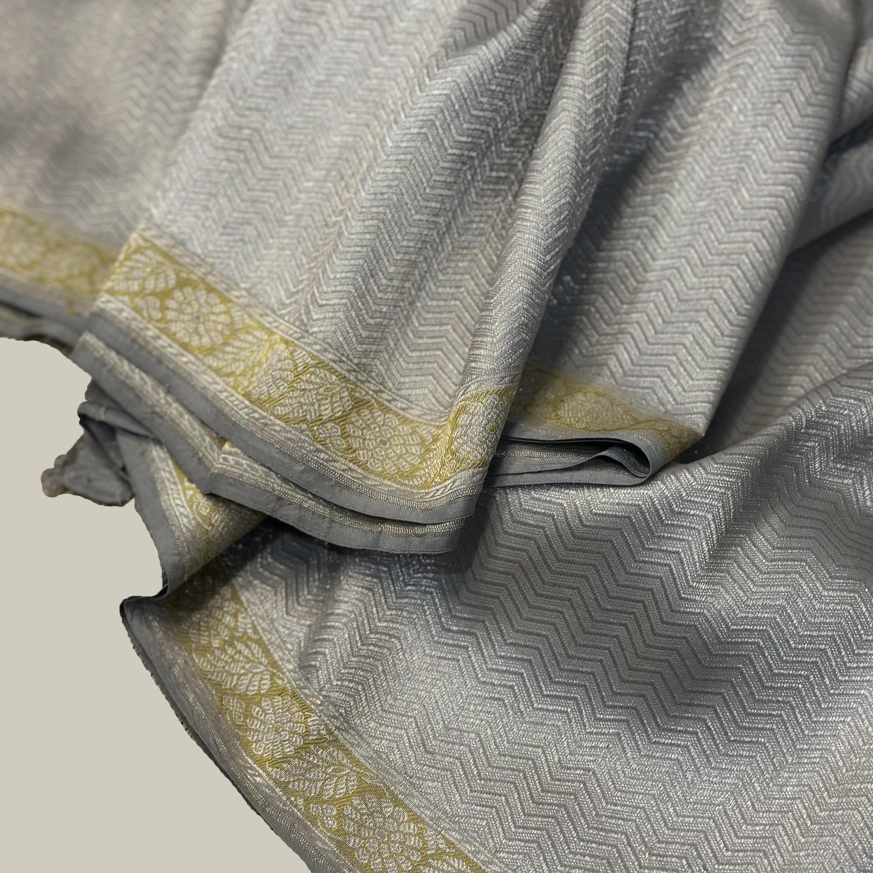 Grey Natural Dyed Tanchoi Benarasi with Yellow Minakari Khadwa Border