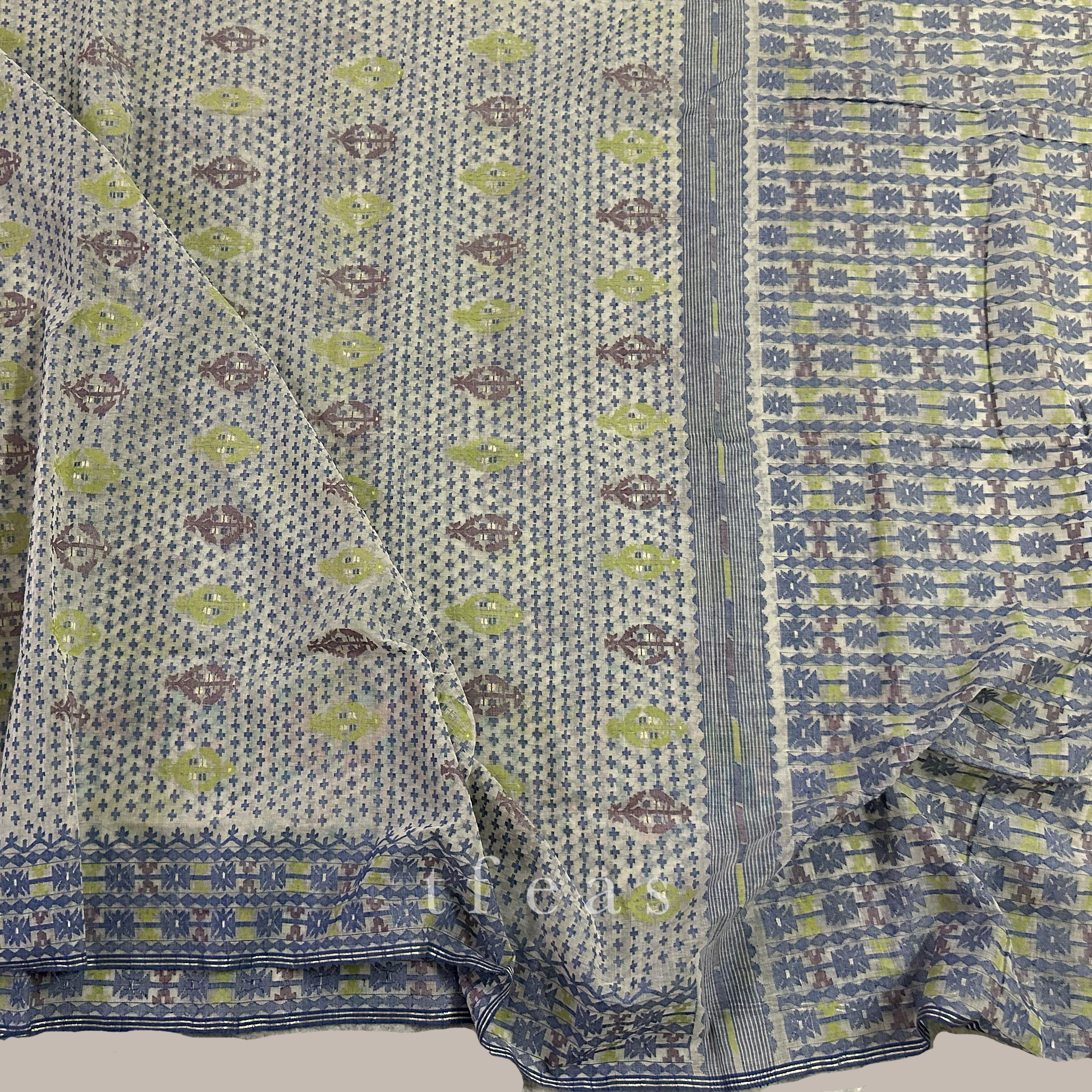 White and Greyish Blue with Lime Green and Brown Dhakai Jamdani