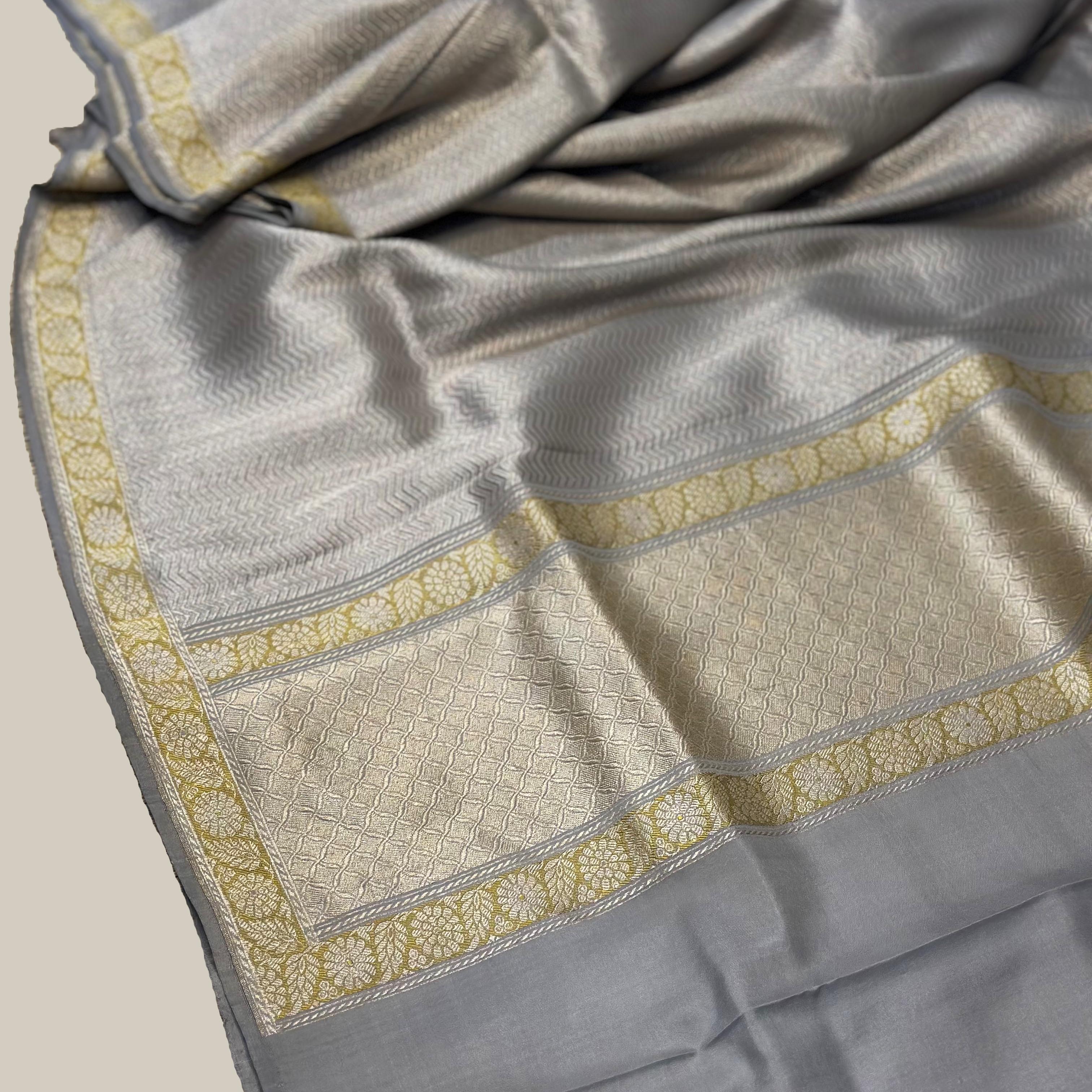 Grey Natural Dyed Tanchoi Benarasi with Yellow Minakari Khadwa Border