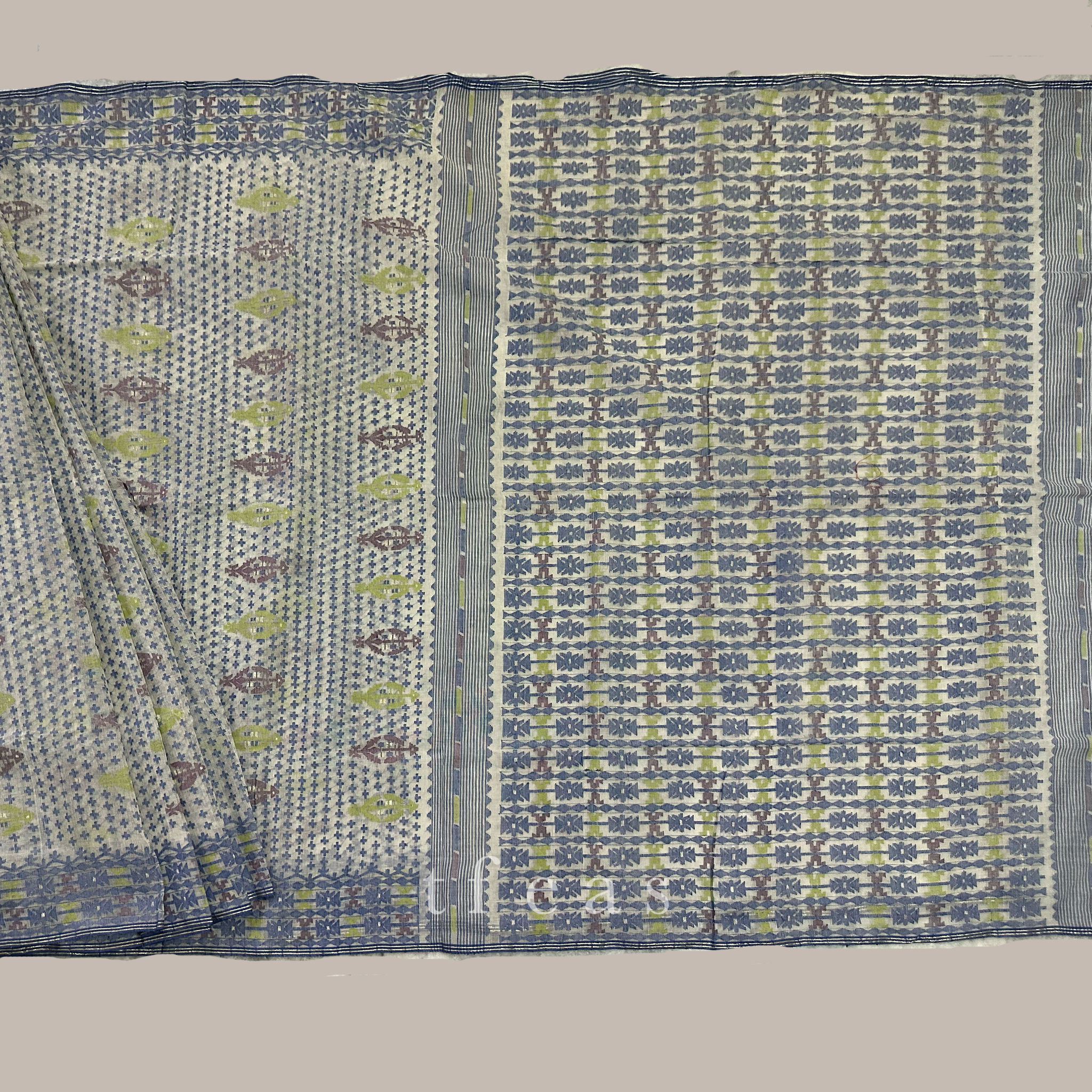 White and Greyish Blue with Lime Green and Brown Dhakai Jamdani