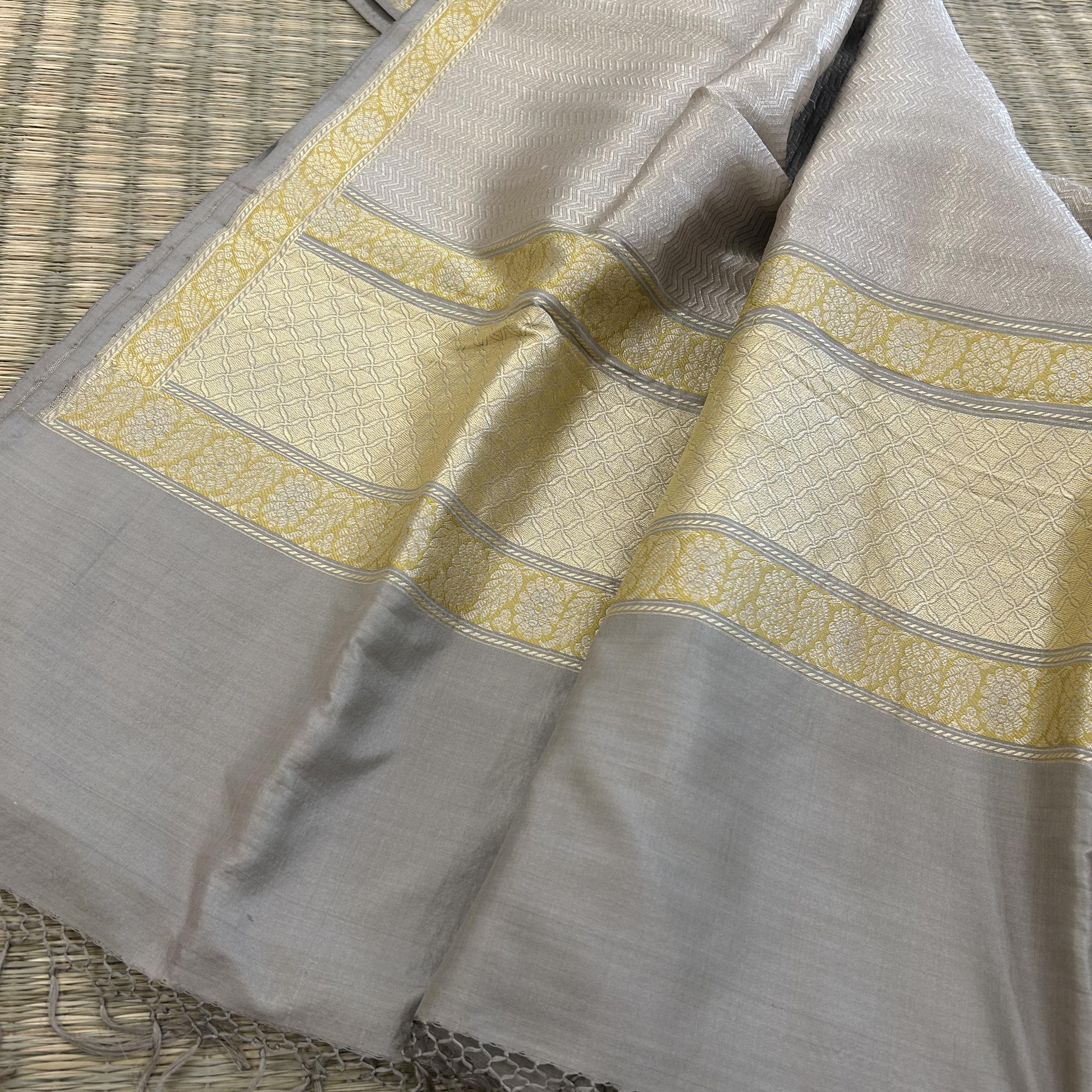 Grey Natural Dyed Tanchoi Benarasi with Yellow Minakari Khadwa Border