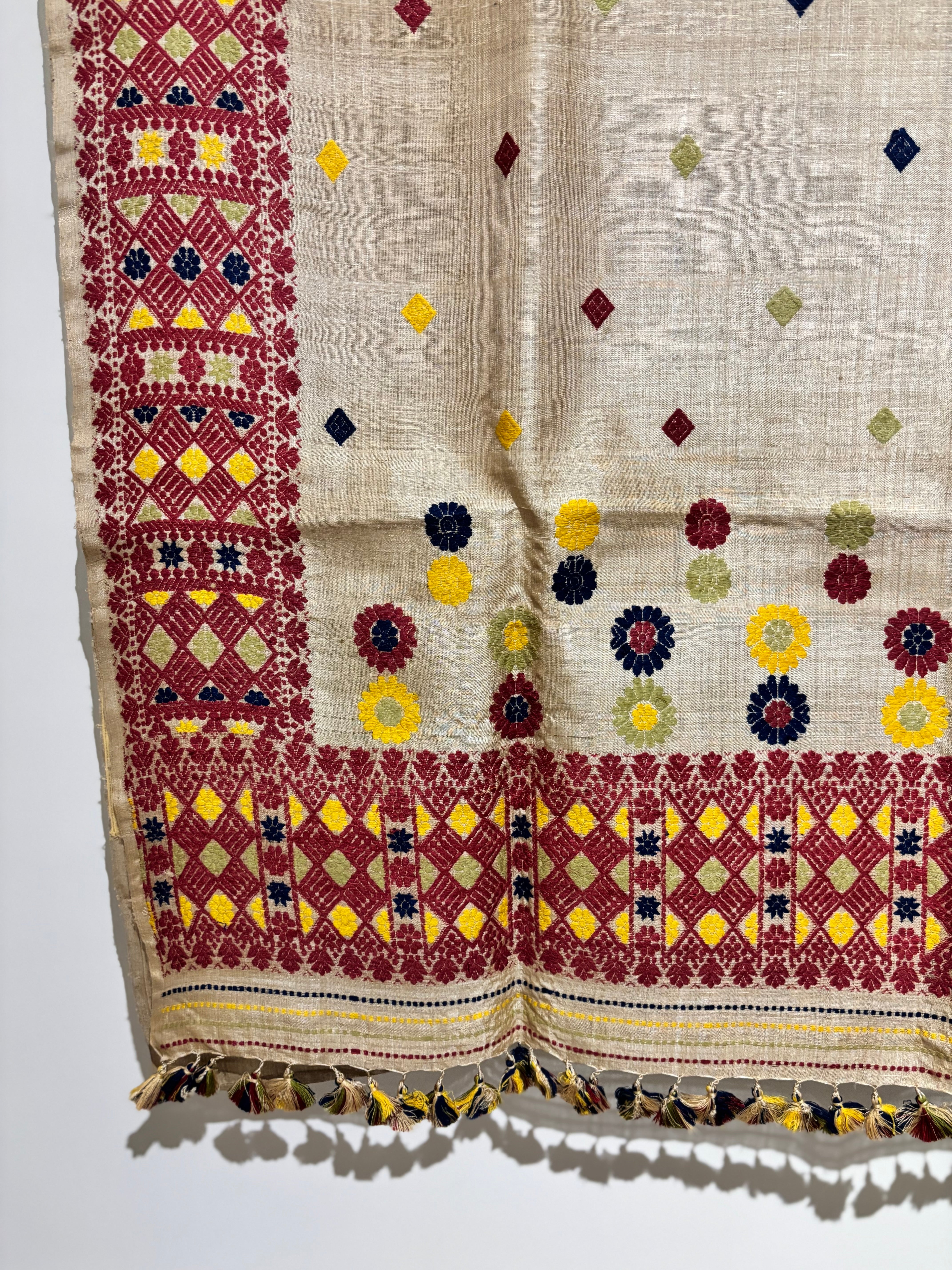 Heirloom Pure Assam Muga Saree with Natural Dyed Eri Extra Weft in Multicolor Diamond Motifs