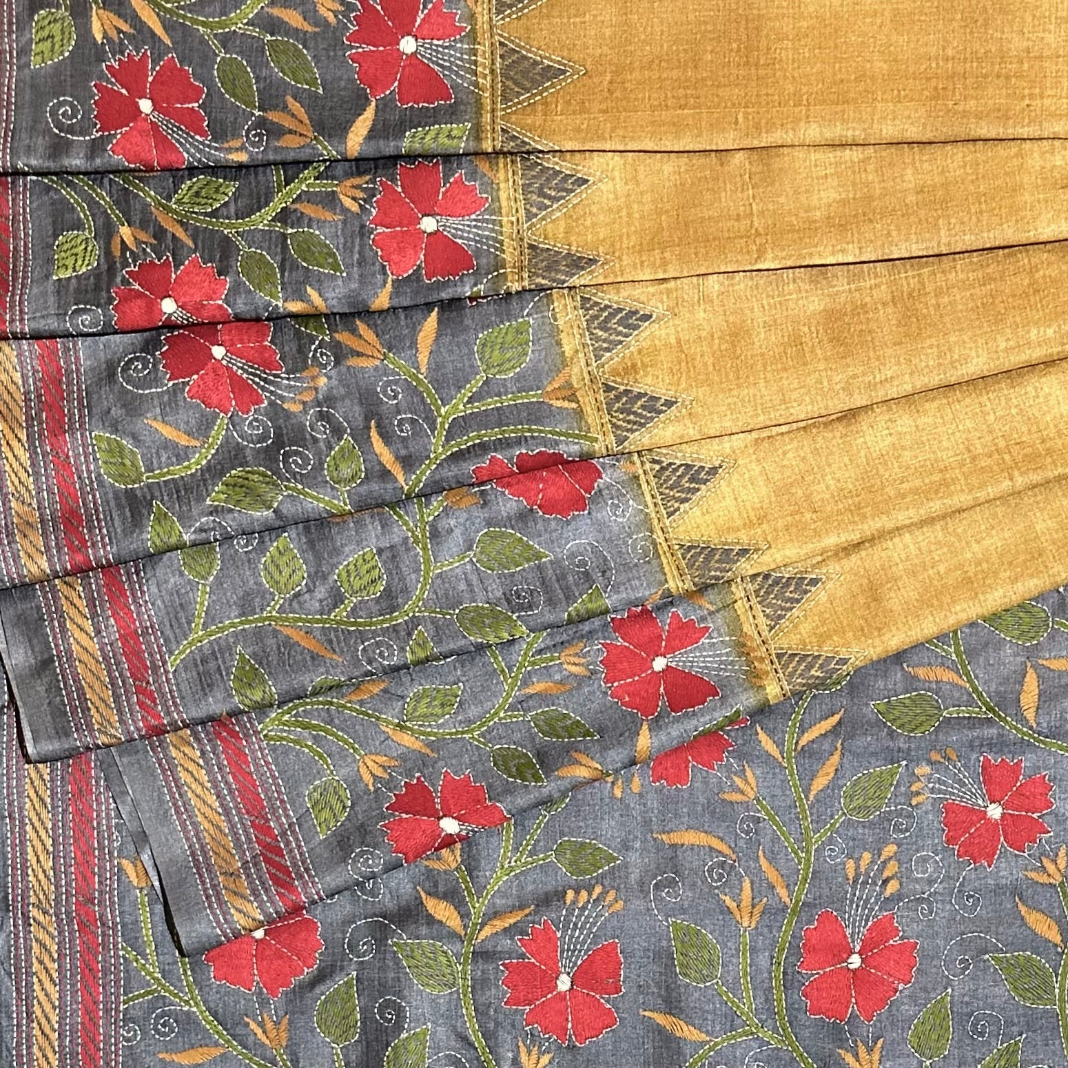 Floral Natural Dyed Handwoven Tussar with Kantha