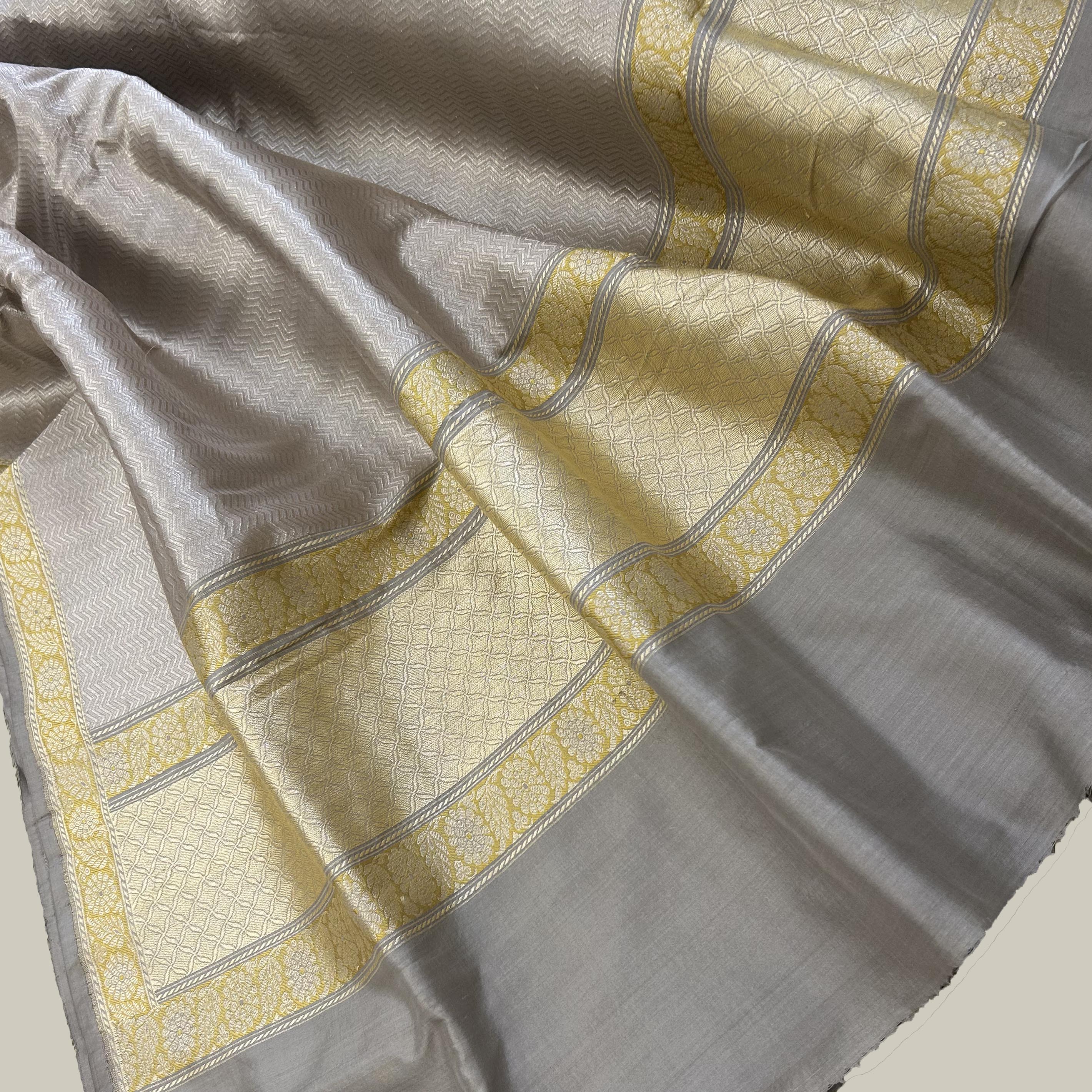 Grey Natural Dyed Tanchoi Benarasi with Yellow Minakari Khadwa Border