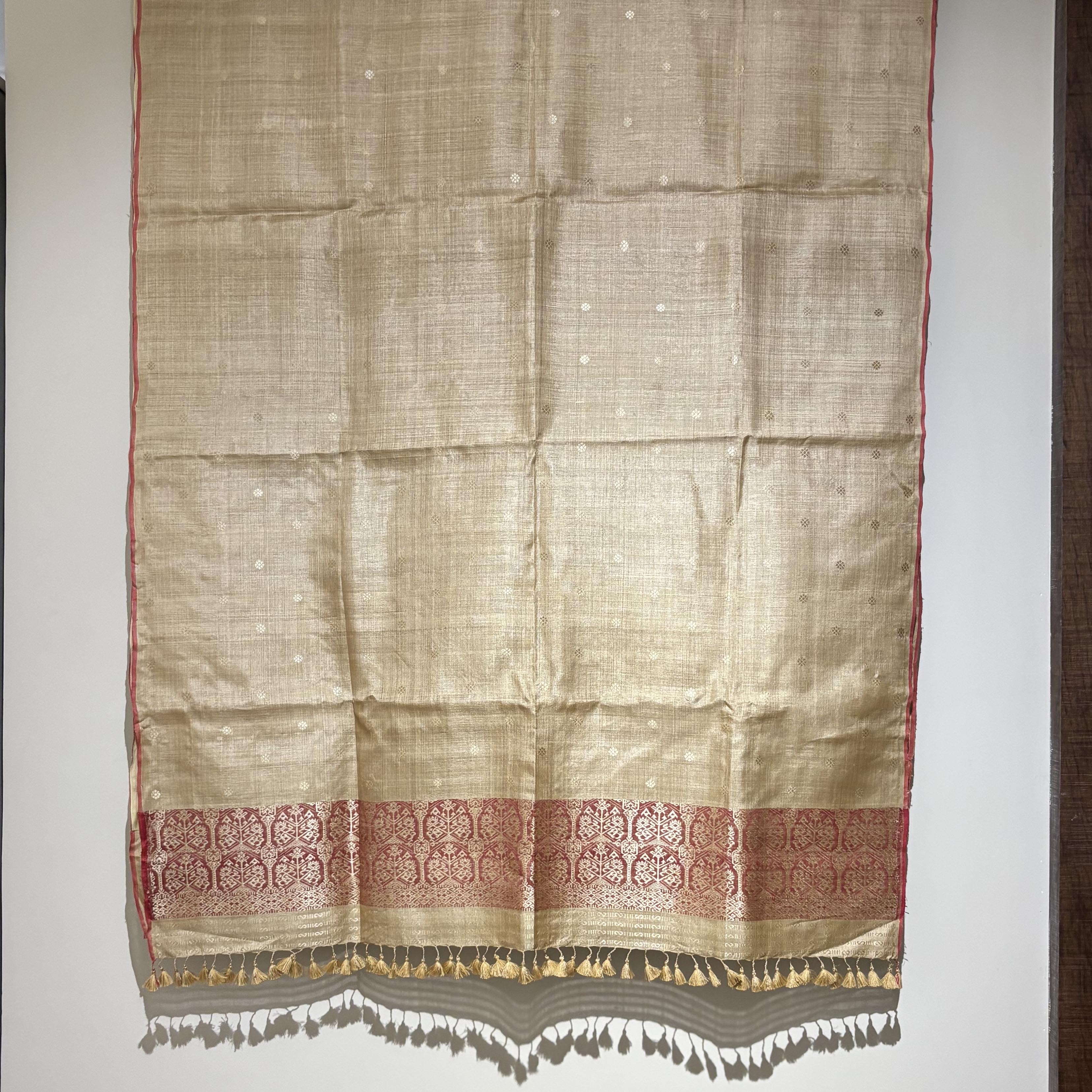 Heirloom Pure Assamese Muga Saree with Red Natural Dyed Eri Extra Weft