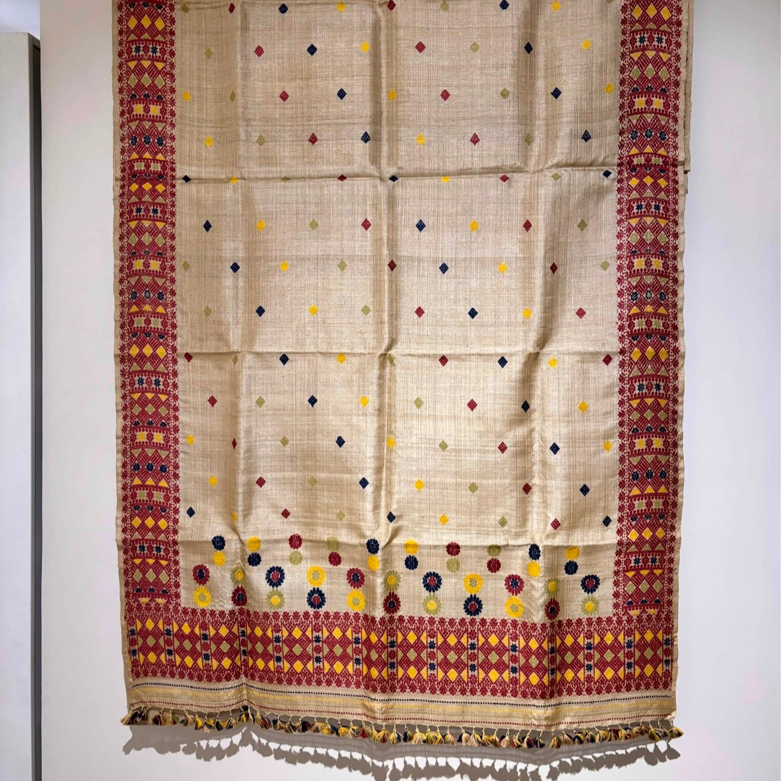 Heirloom Pure Assam Muga Saree with Natural Dyed Eri Extra Weft in Multicolor Diamond Motifs