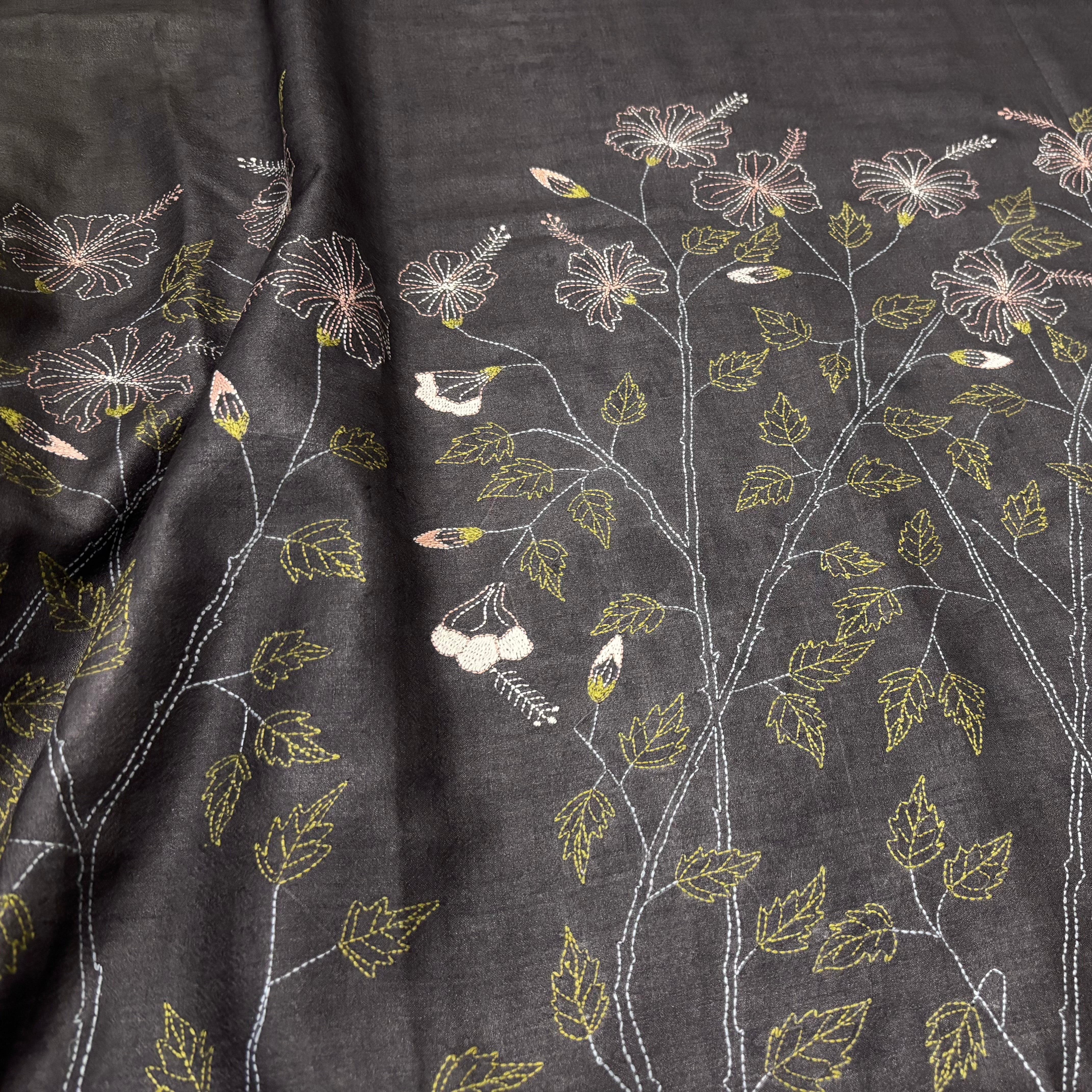 Grey Natural Dyed Handwoven Tussar with Kantha
