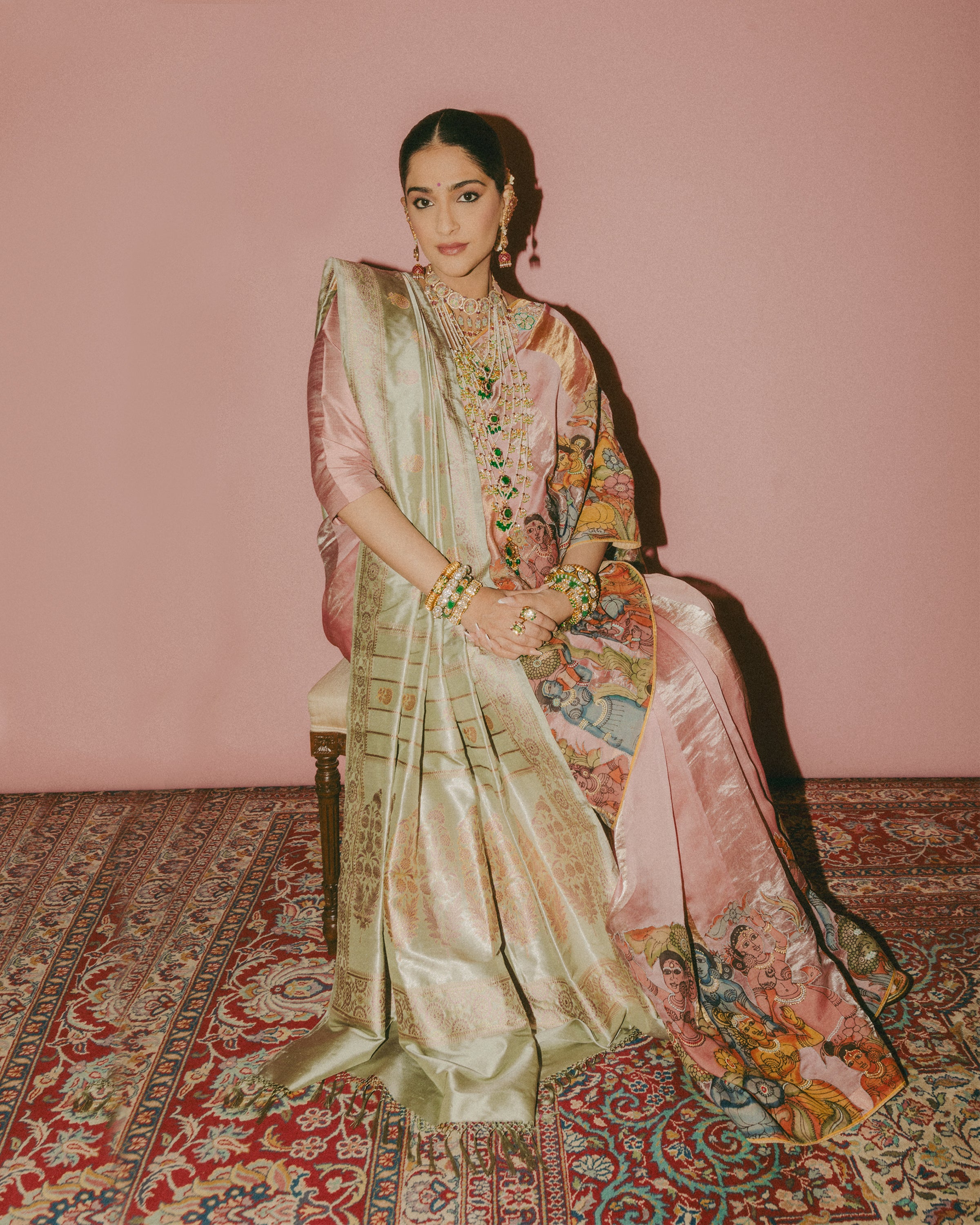 Pre Order : Light Pista and Old Rose Colour Marigold Baluchari Saree