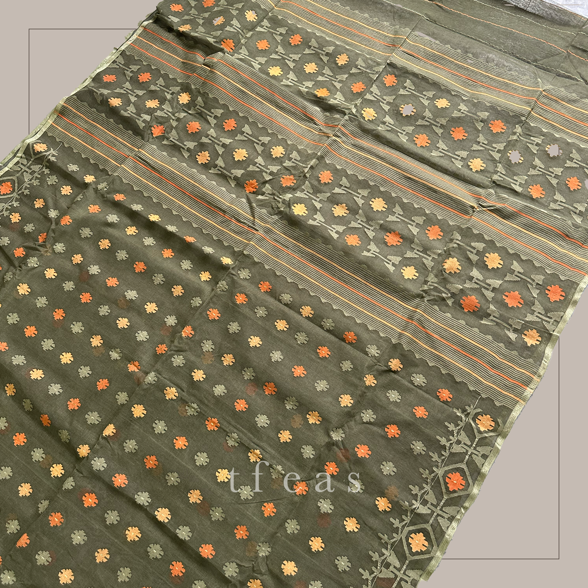 Moss Green Orange and Yellow Dhakai Jamdani