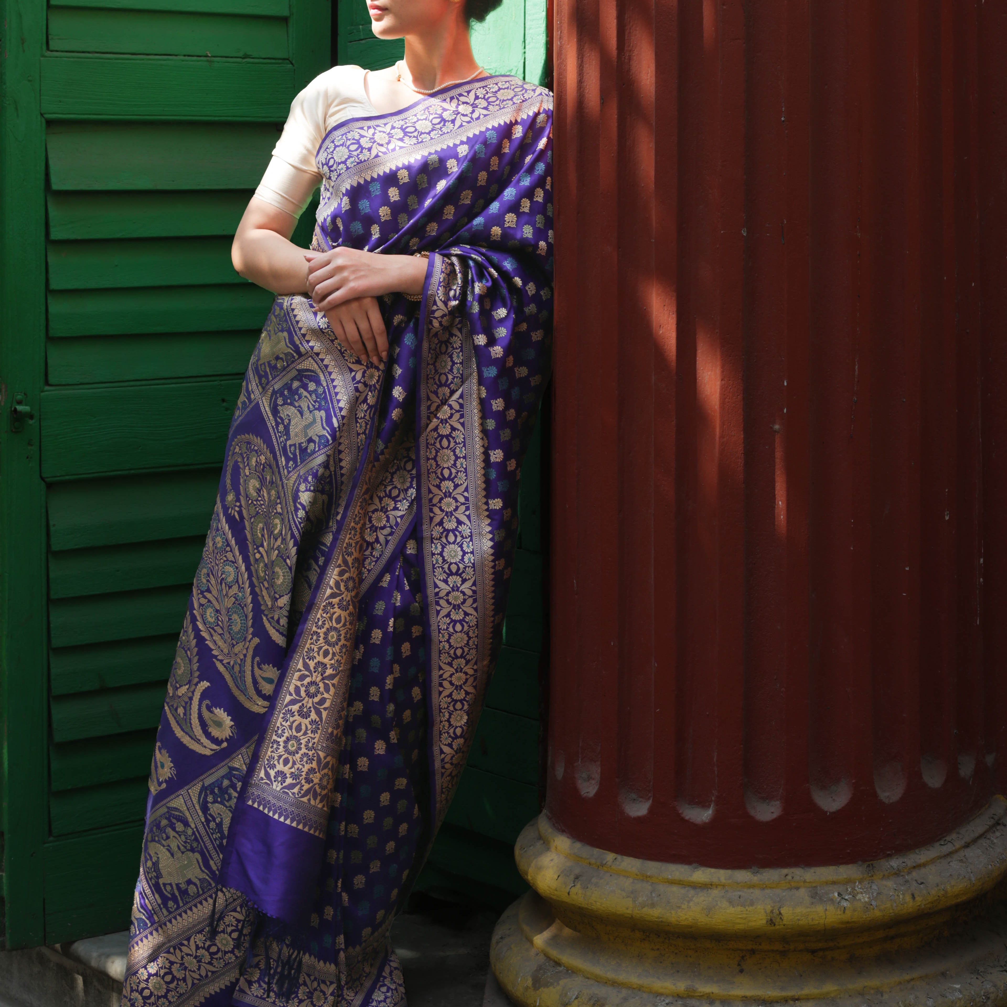Purple Blue Shot Colour Revival Baluchari Saree