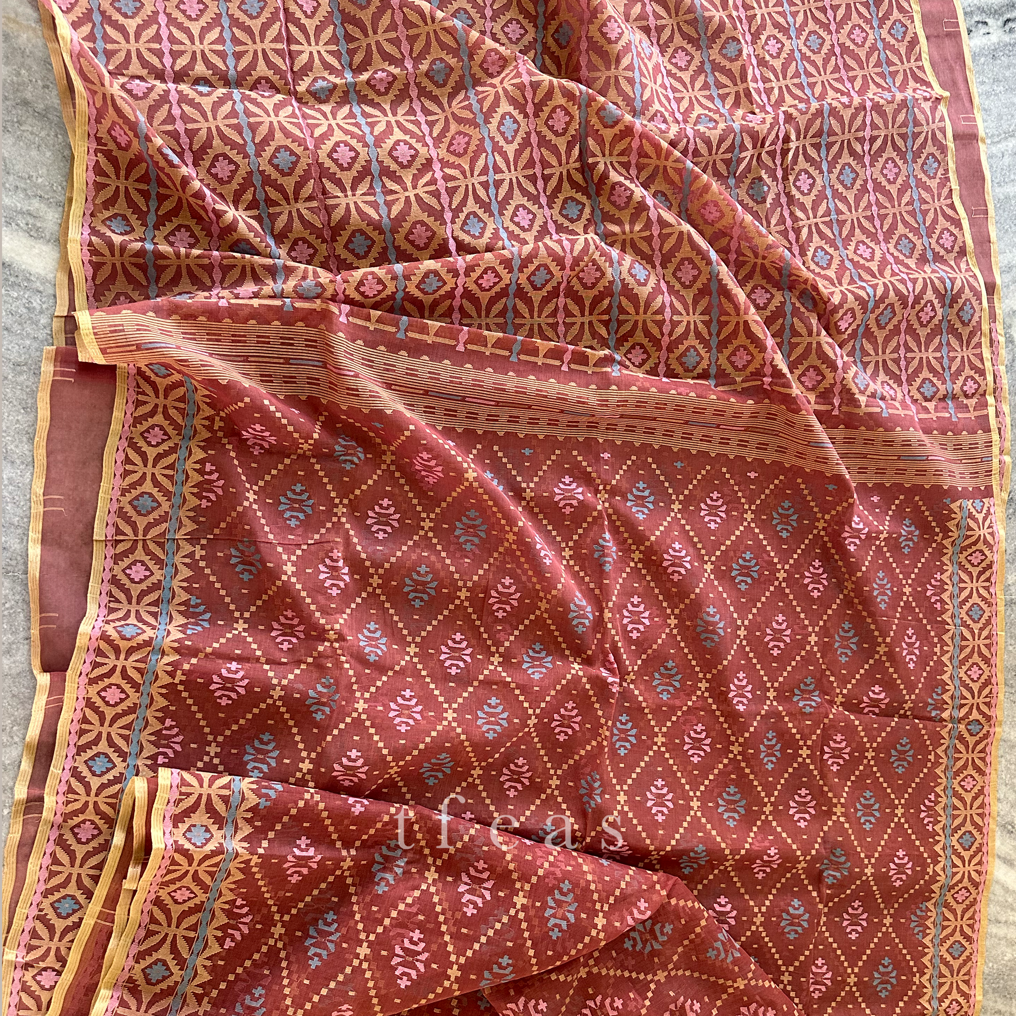 Brown with Beige Pink and Blue Dhakai Jamdani