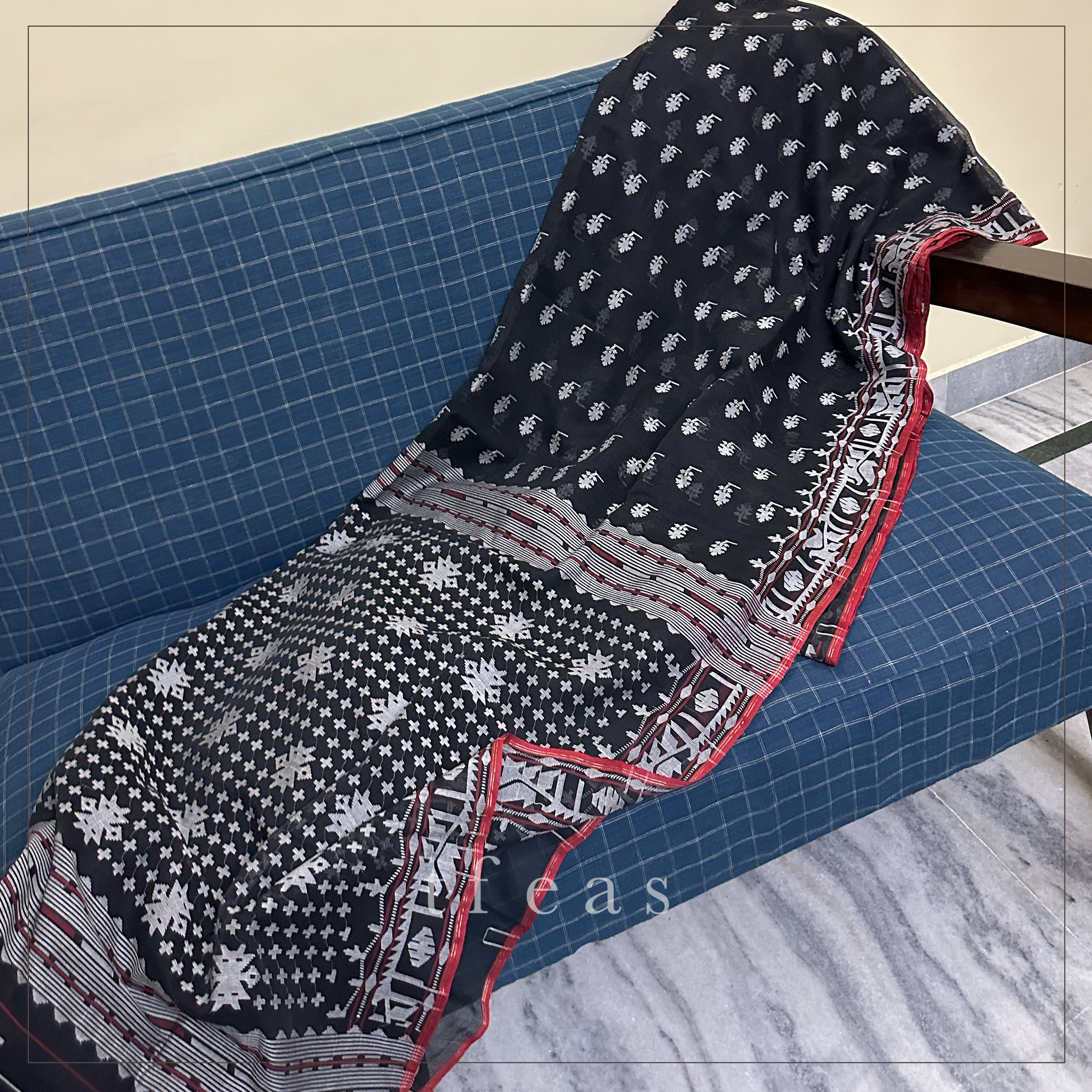 Black Dhakai Jamdani with Red Selvedge
