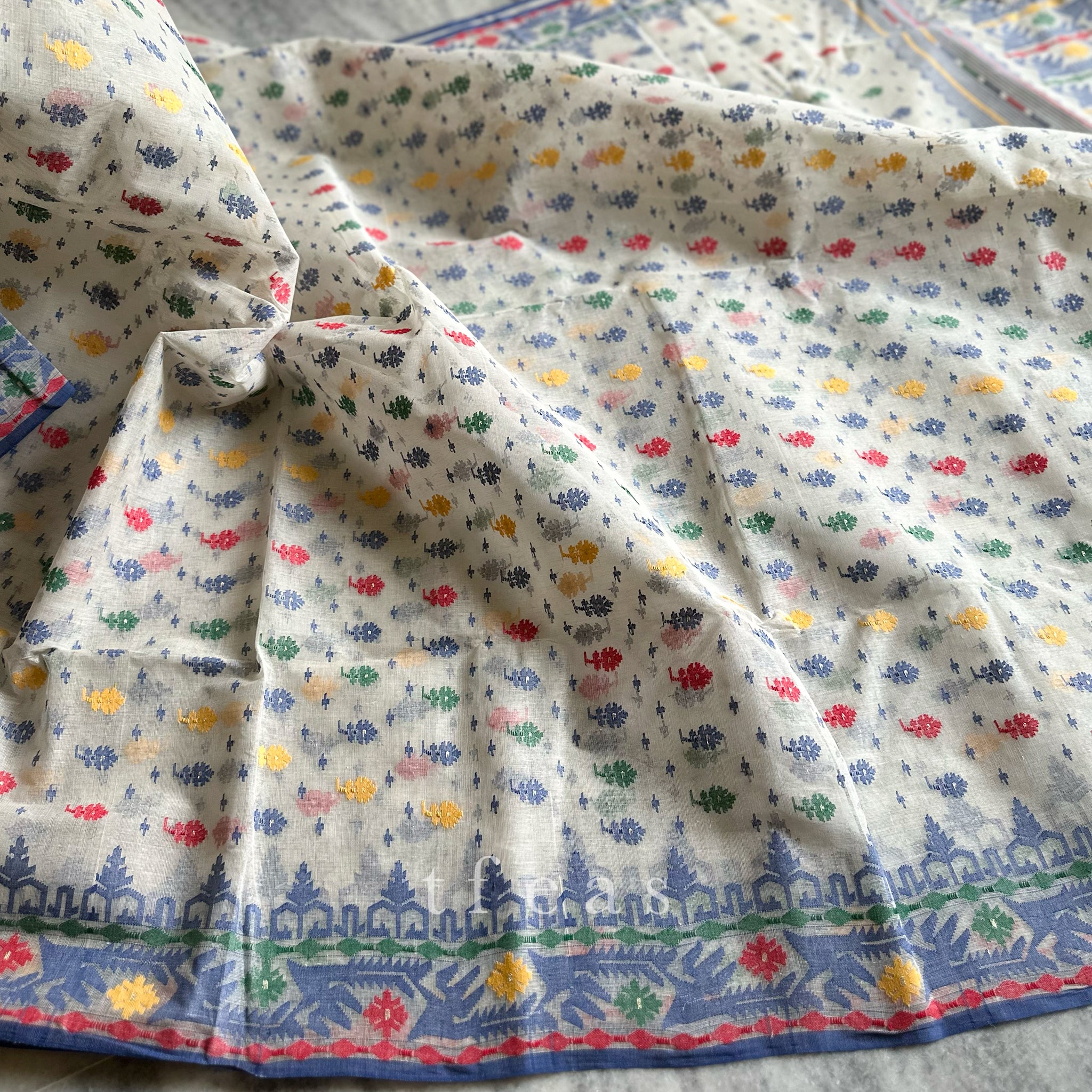 White and Blue with Multicoloured Dhakai Jamdani Saree