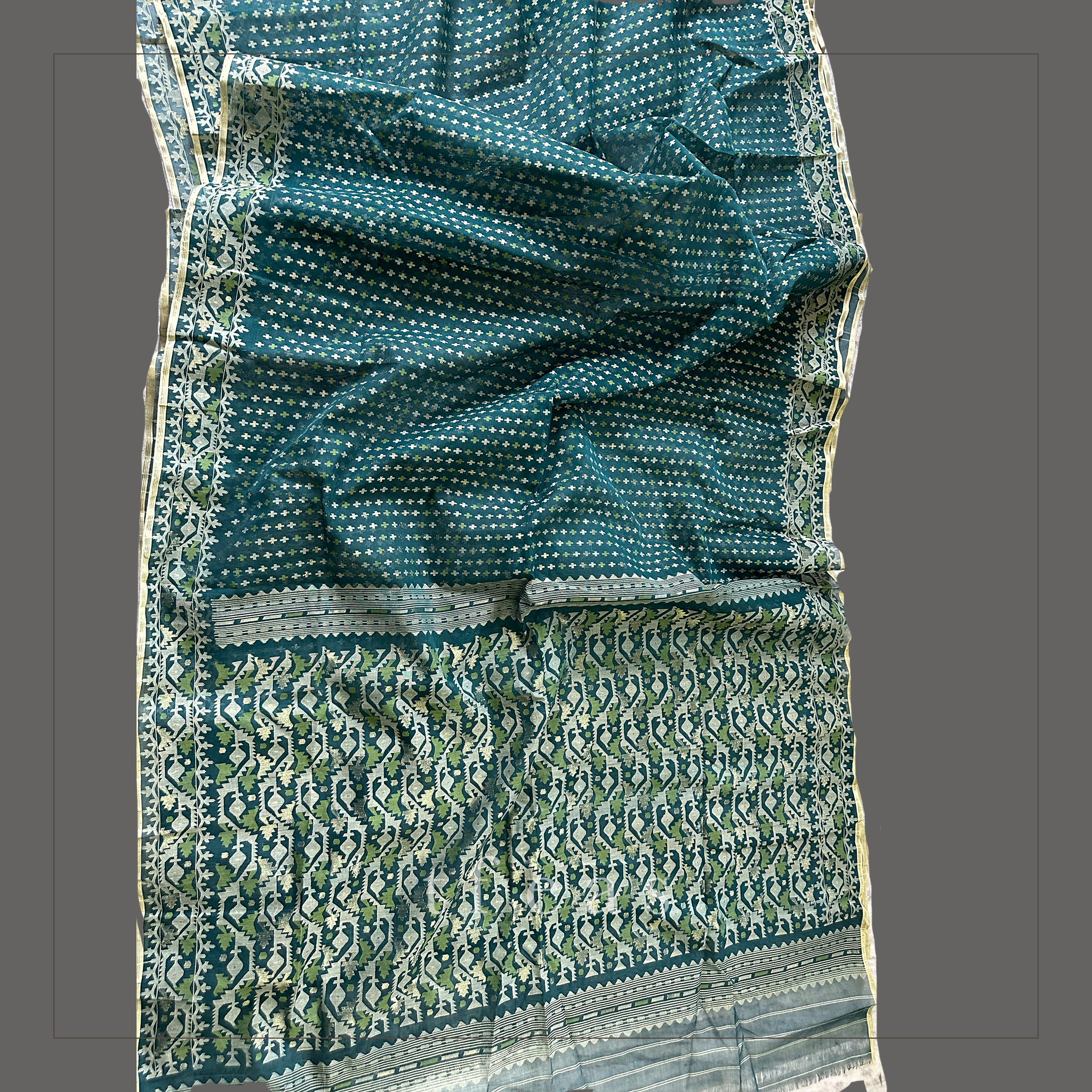 Peacock Green Blue with Green and Zari Dhakai Jamdani