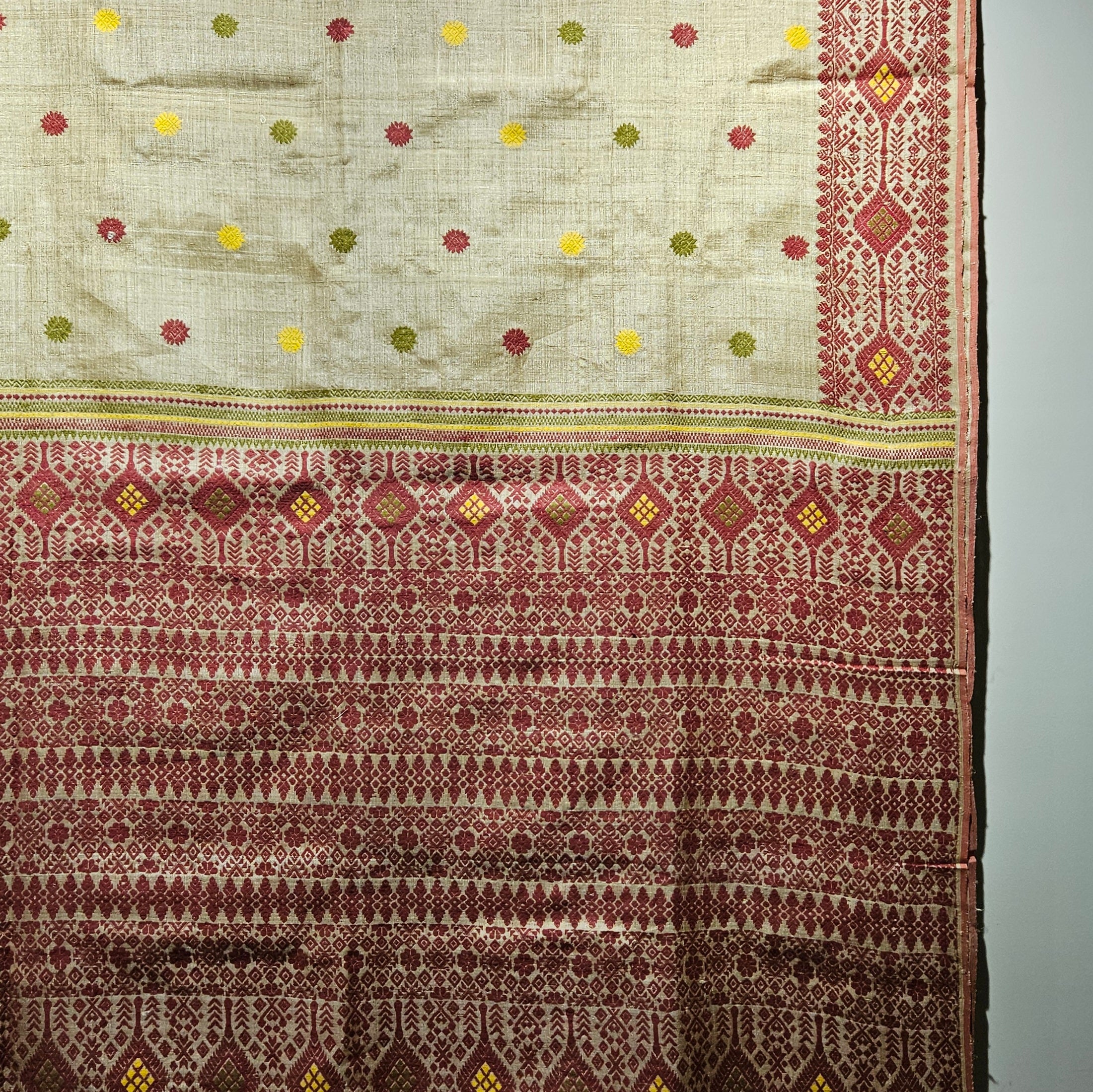 Red Green Heirloom Pure Assam Muga Saree with Natural Dyed Eri Extra Weft