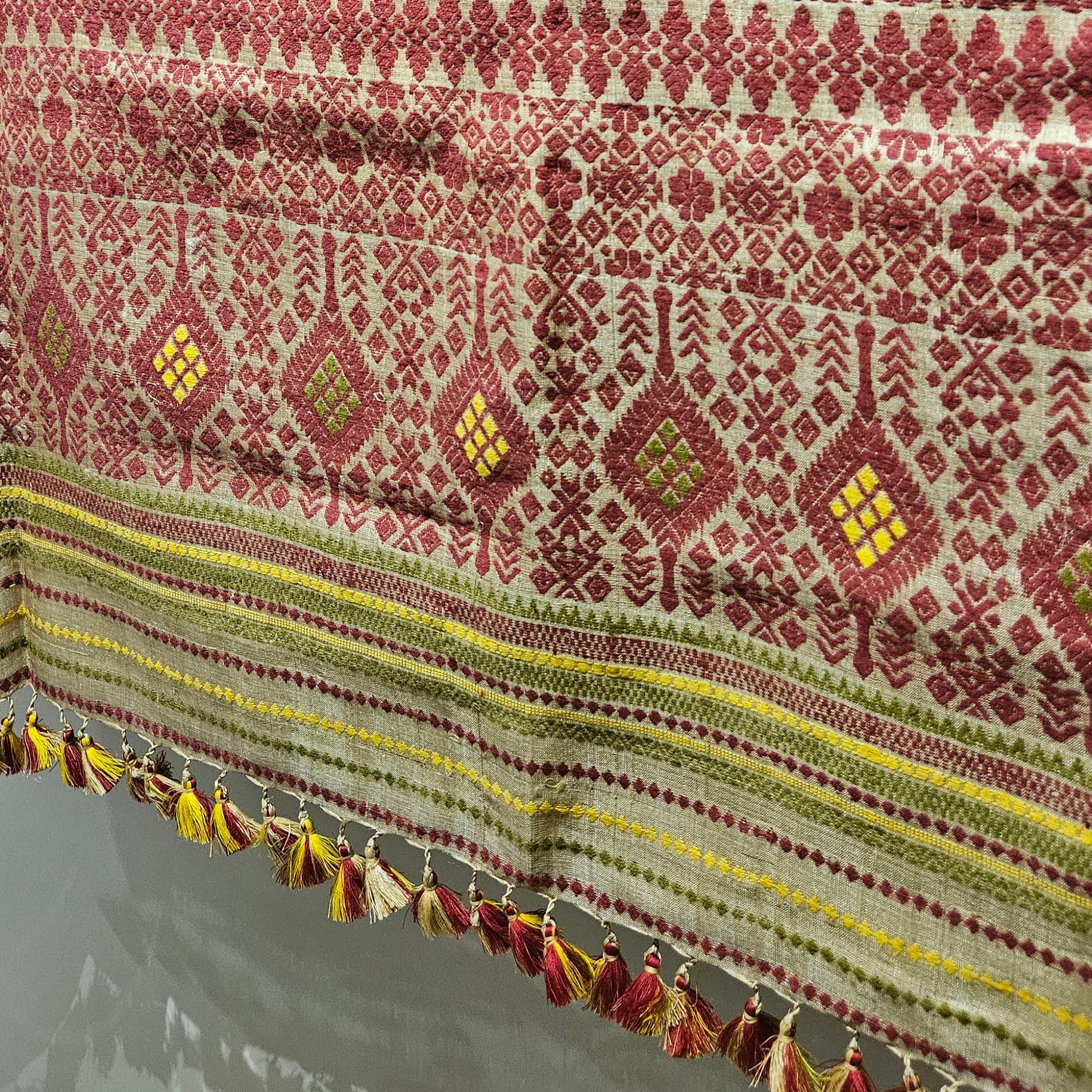 Red Green Heirloom Pure Assam Muga Saree with Natural Dyed Eri Extra Weft