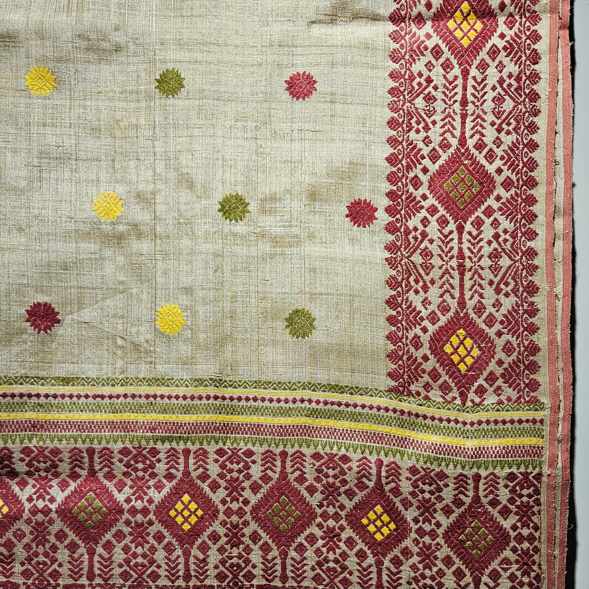 Red Green Heirloom Pure Assam Muga Saree with Natural Dyed Eri Extra Weft
