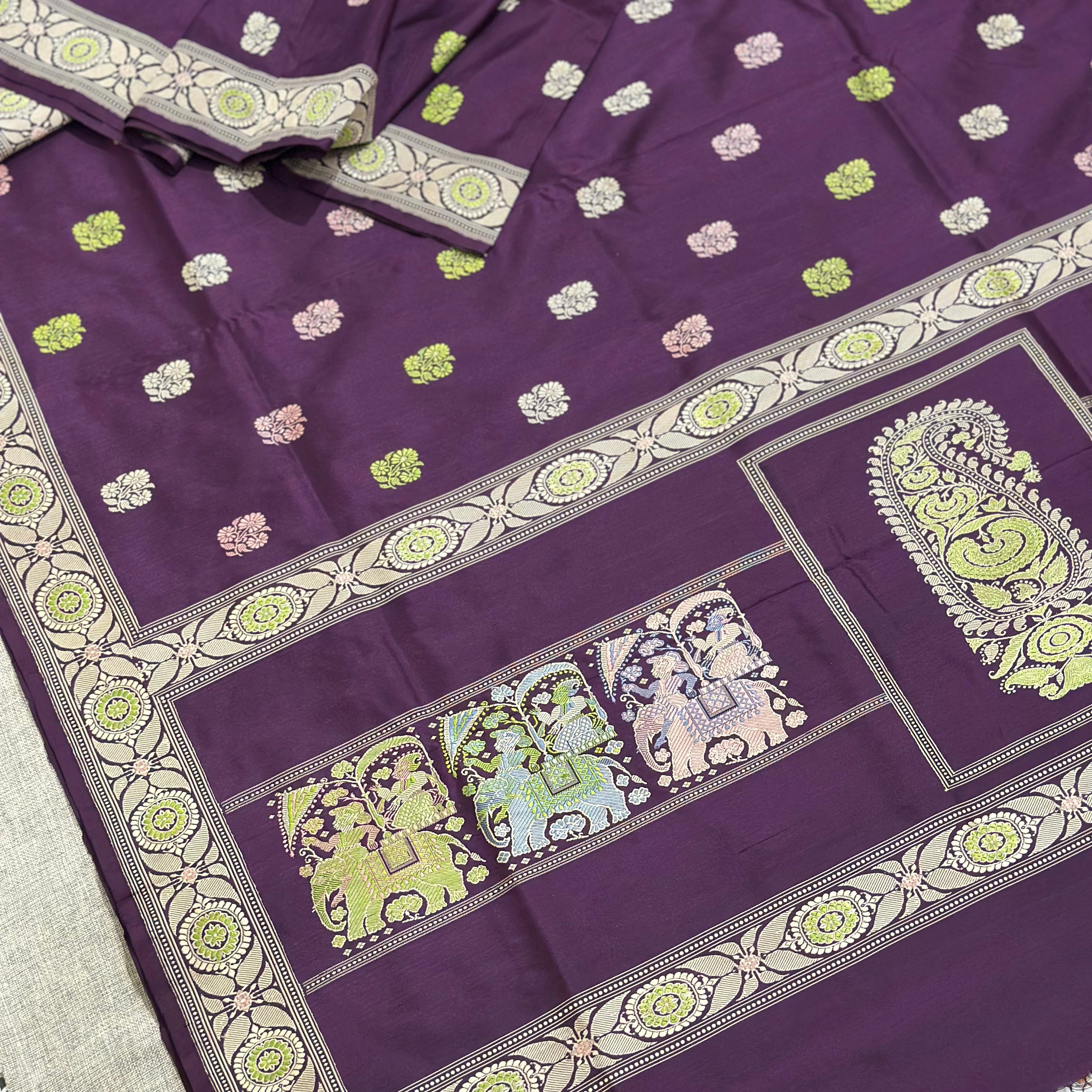 Purple Baluchari Saree with a Paisley and Elephants in the Palla