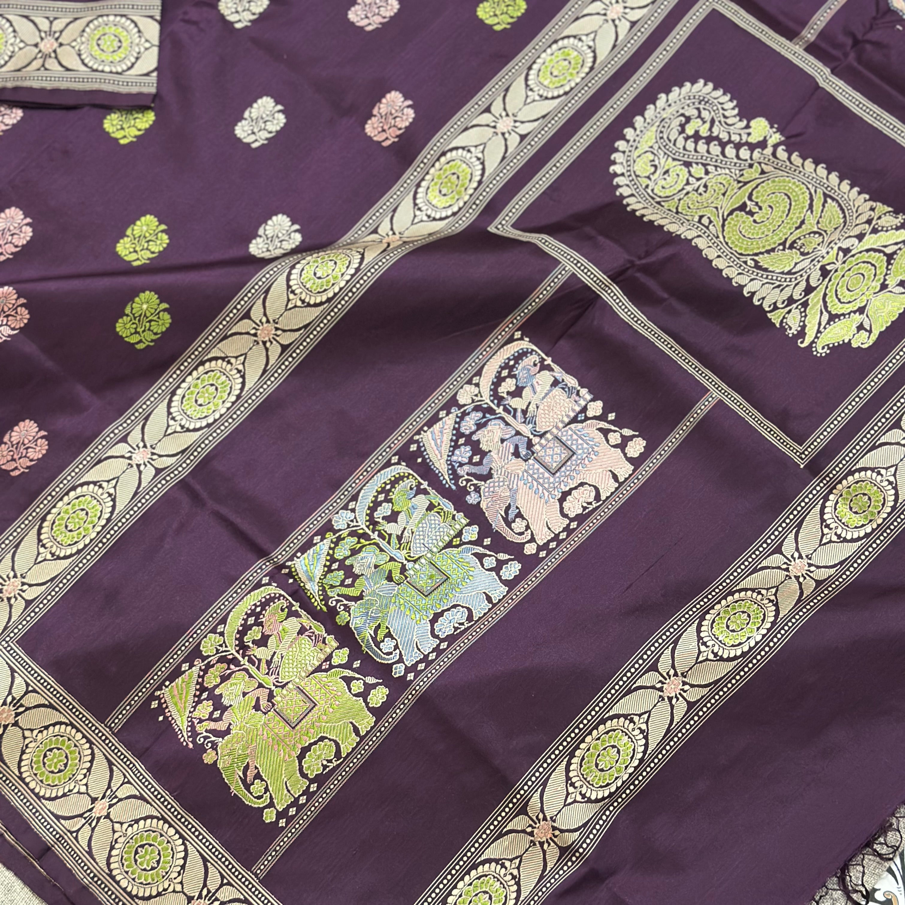 Purple Baluchari Saree with a Paisley and Elephants in the Palla