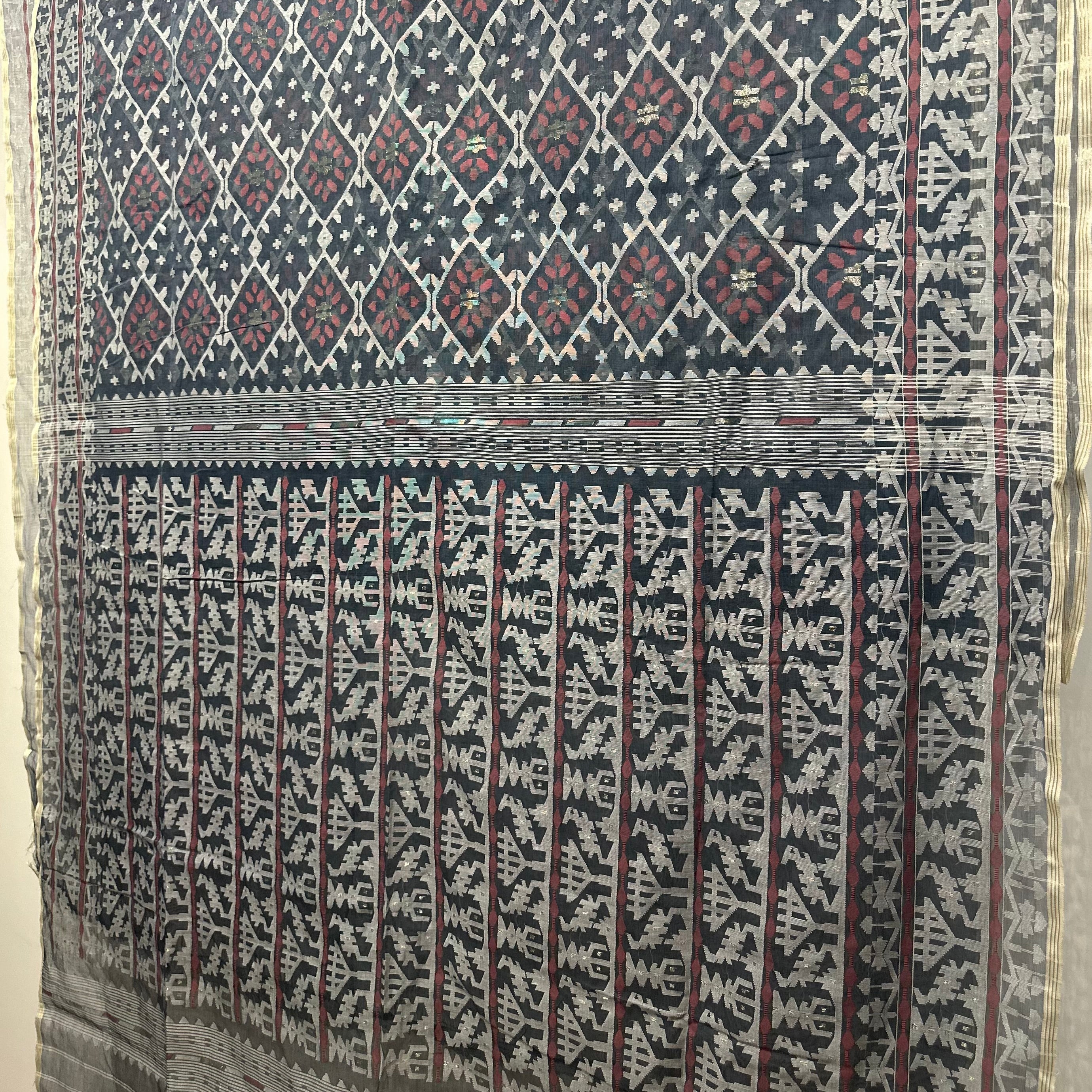 Dark Blue and White Dhakai Jamdani Saree
