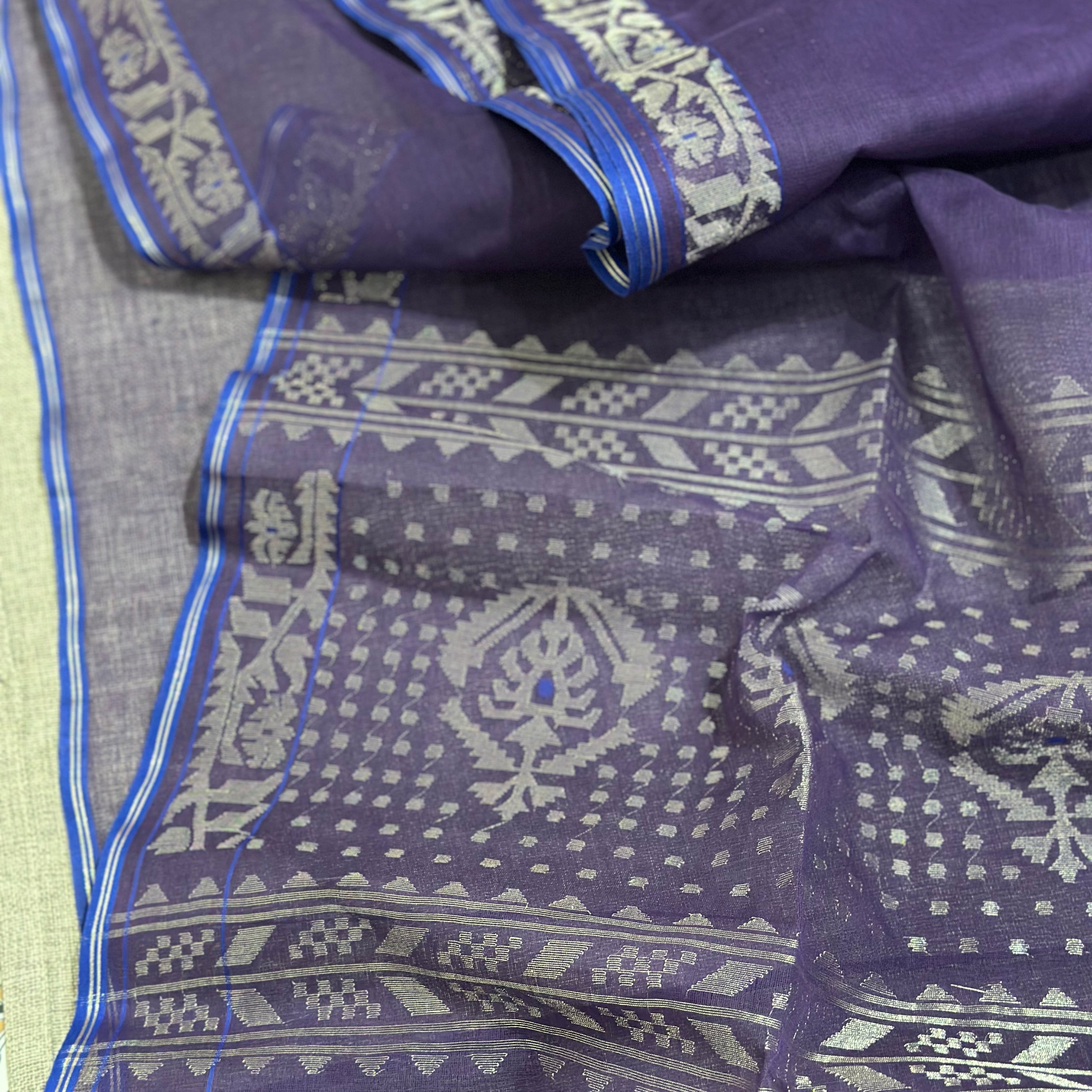 Purple and Blue with Silver Dhakai Jamdani