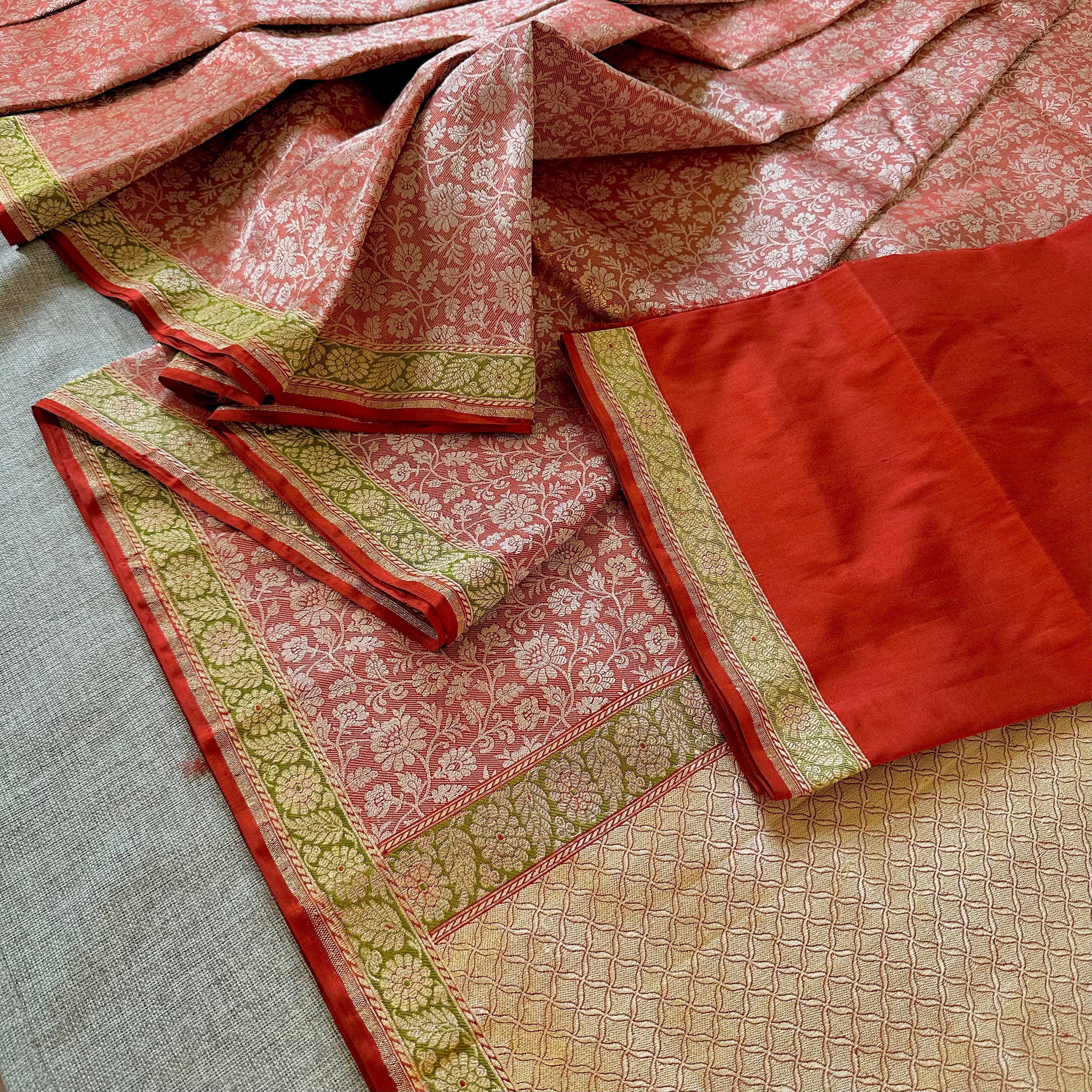 Brick Red Tanchoi Benarasi with Green Minakari Khadwa Border