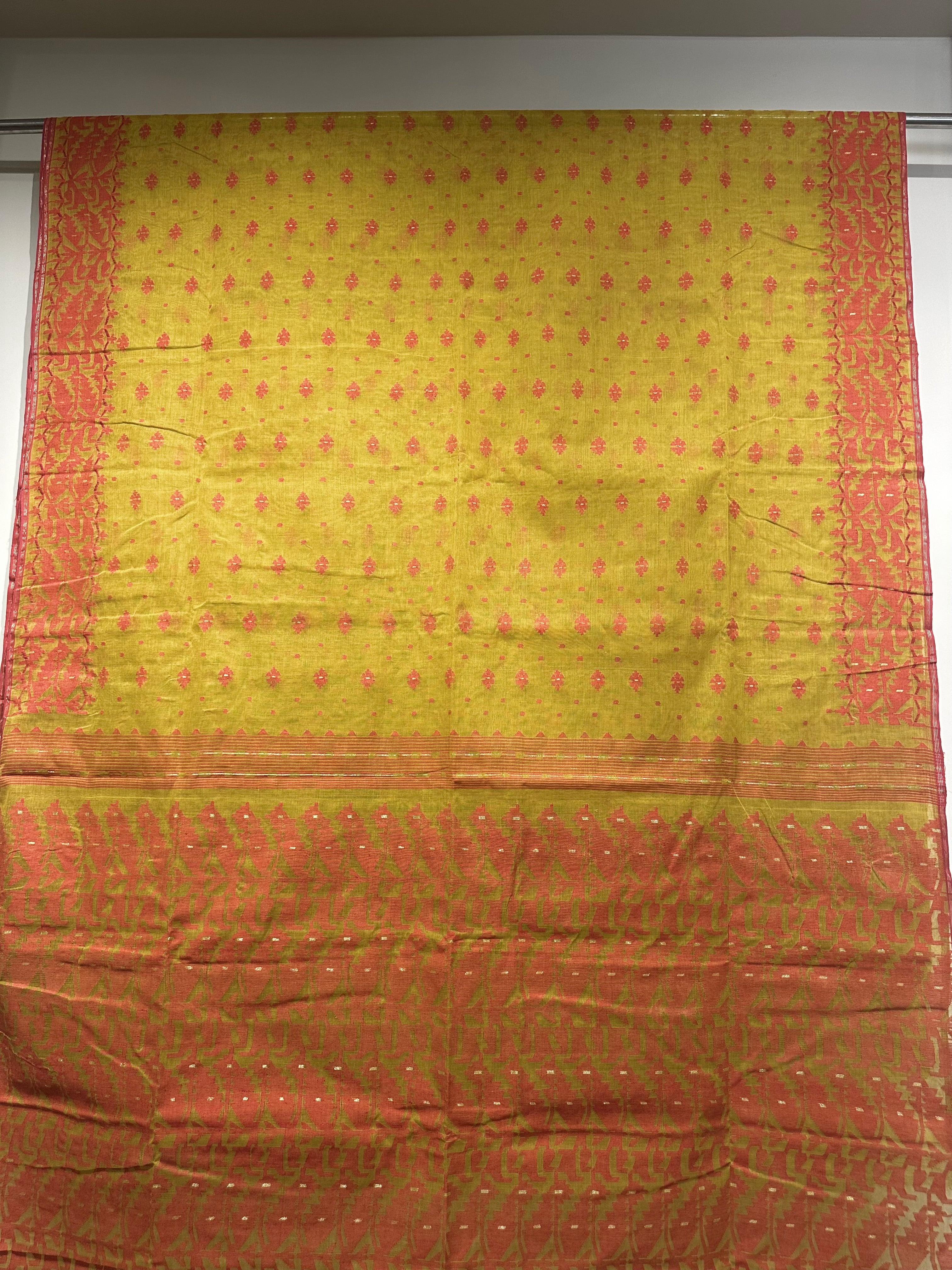 Mustard and Red Dhakai Jamdani
