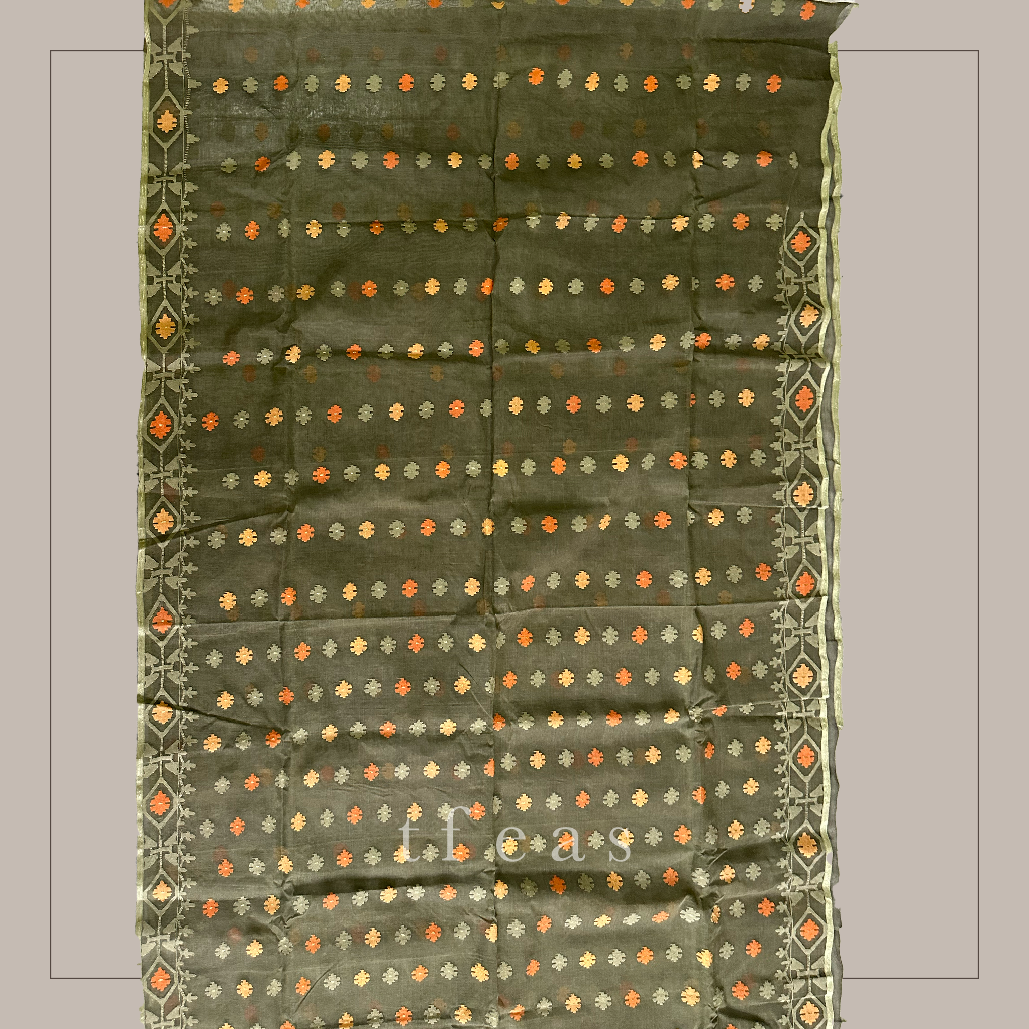 Moss Green Orange and Yellow Dhakai Jamdani