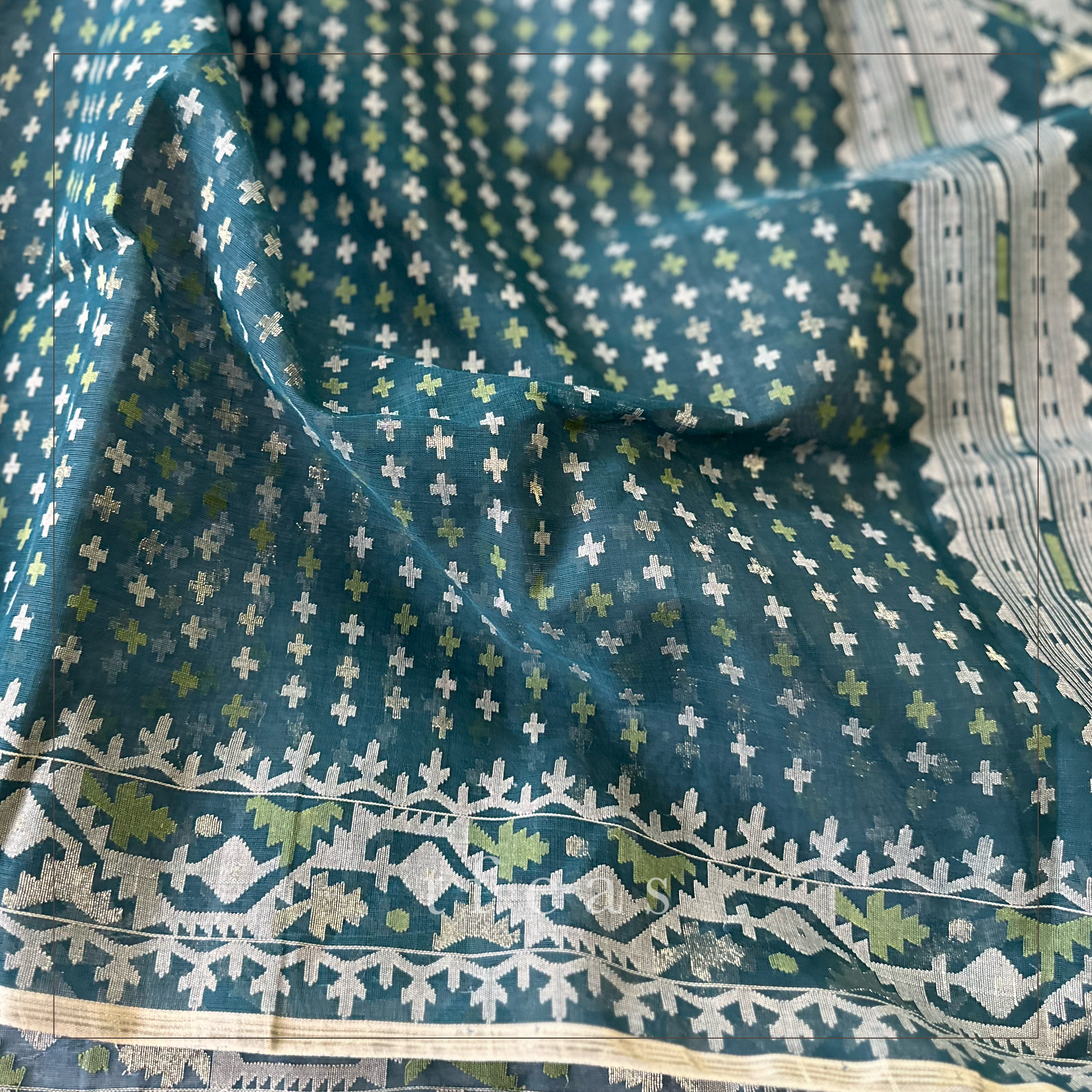 Peacock Green Blue with Green and Zari Dhakai Jamdani