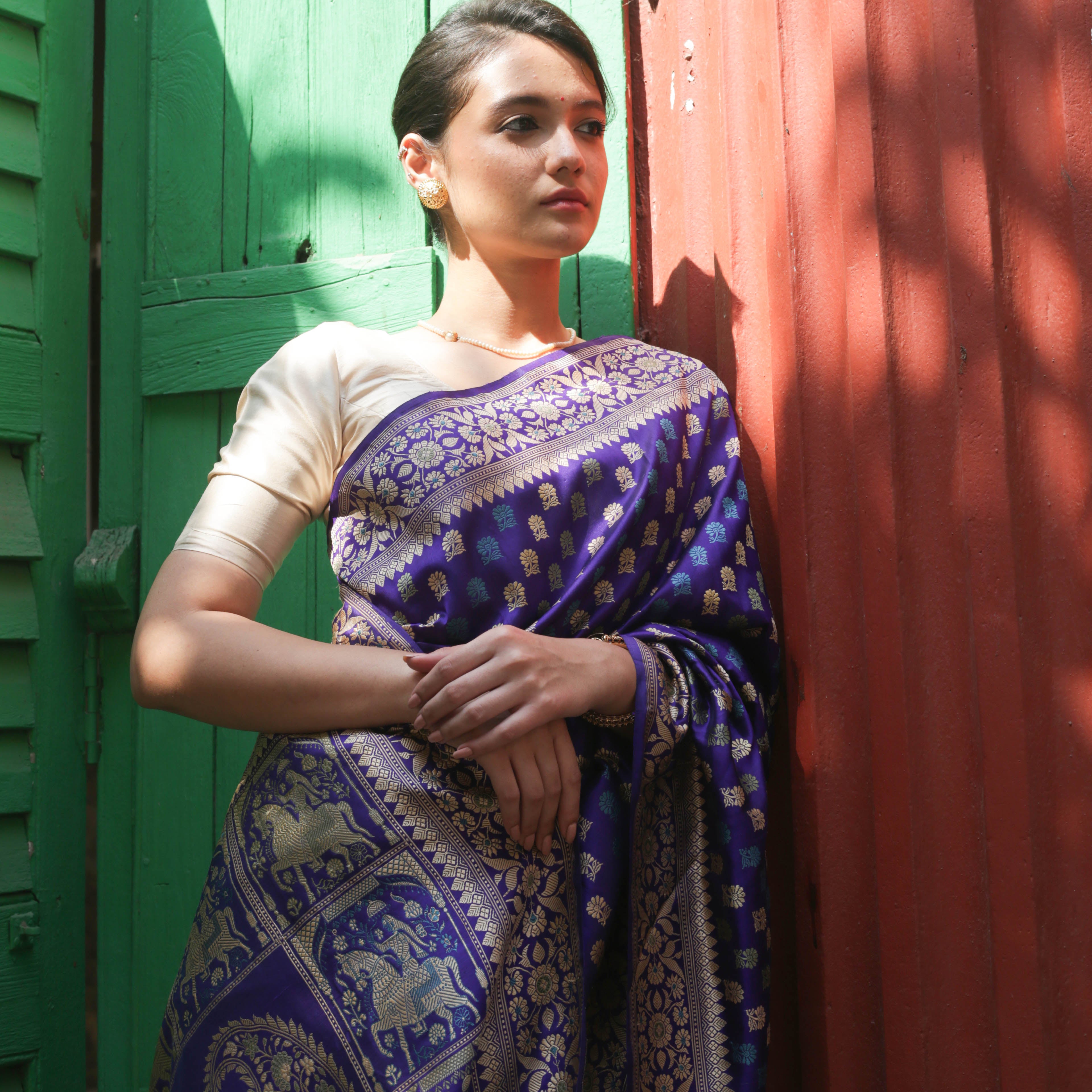 Purple Blue Shot Colour Revival Baluchari Saree