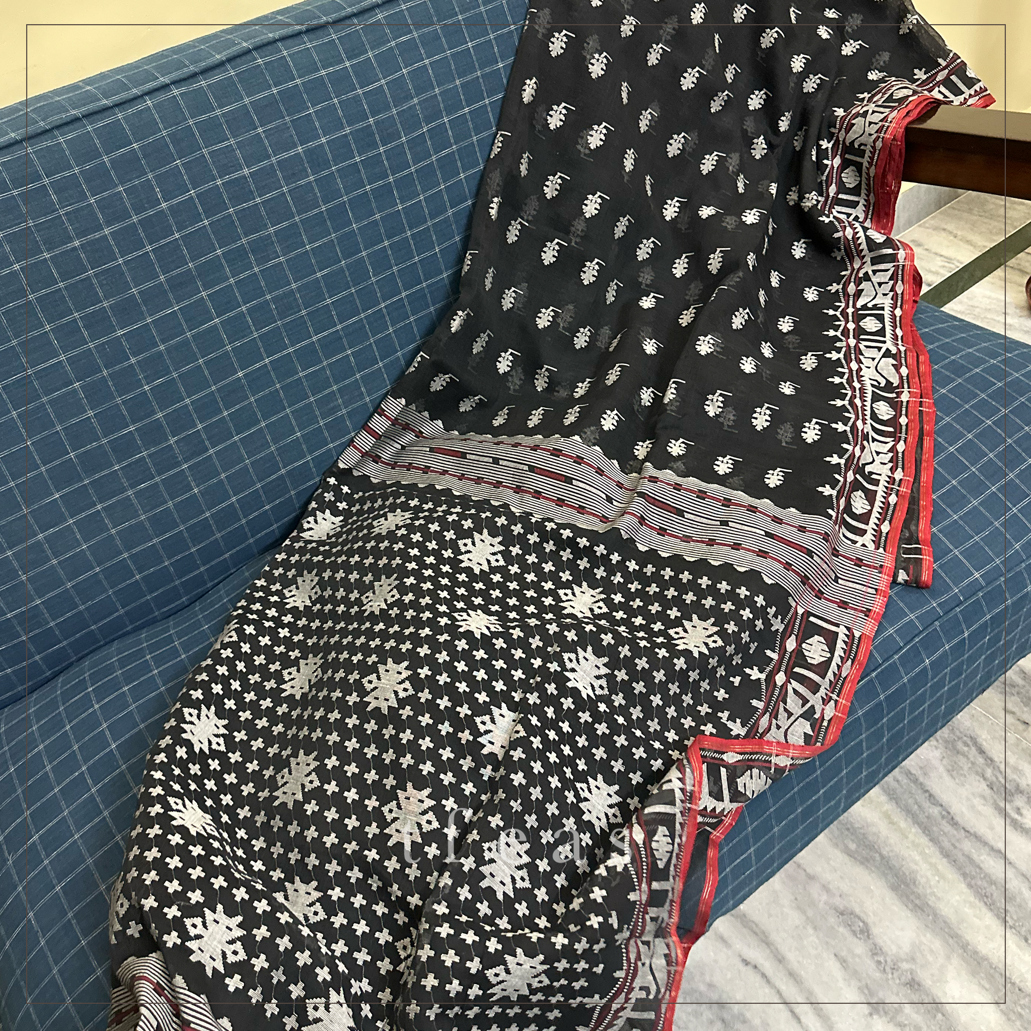 Black Dhakai Jamdani with Red Selvedge