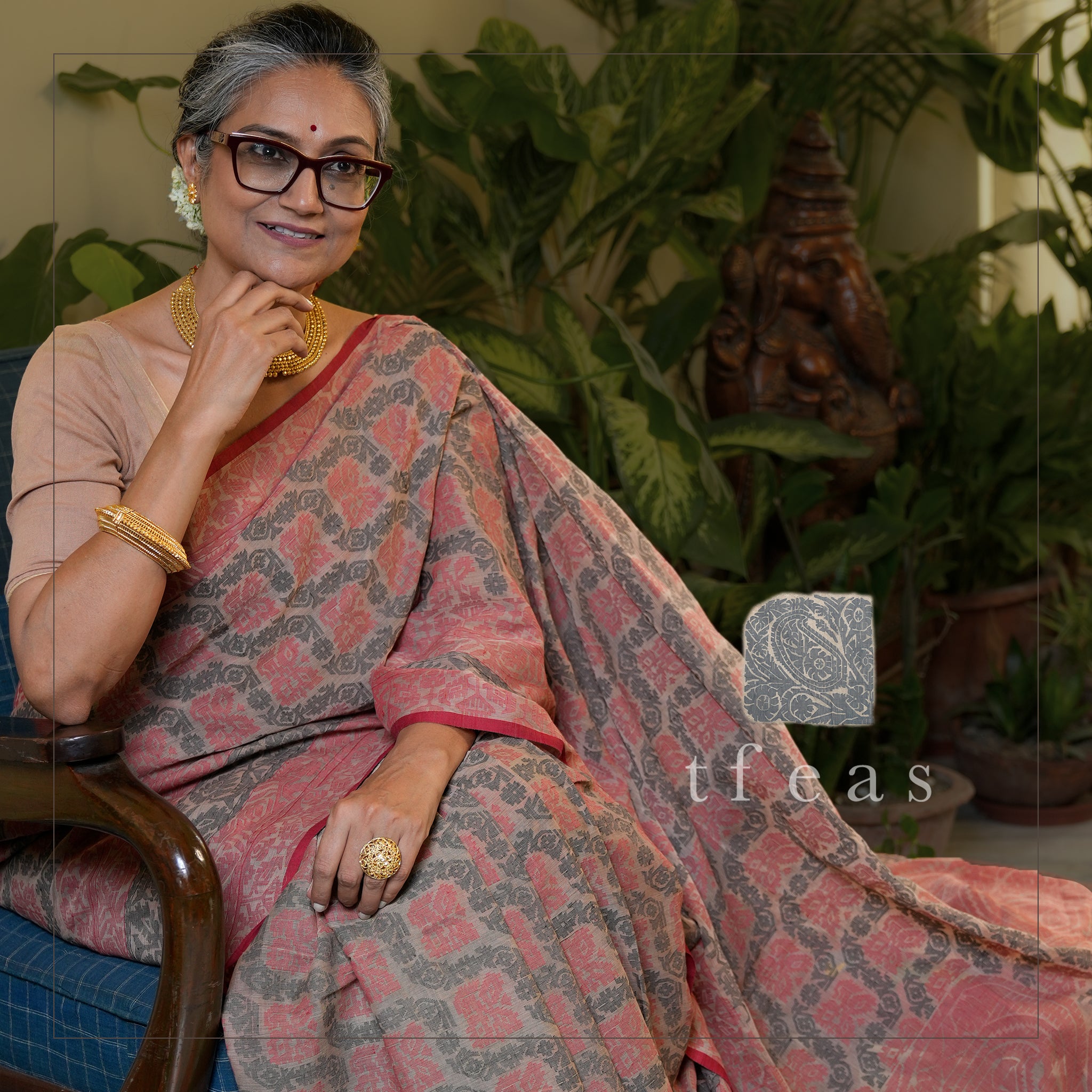 200 count Beige, Red and Black Dhakai Jamdani - a Masterpiece