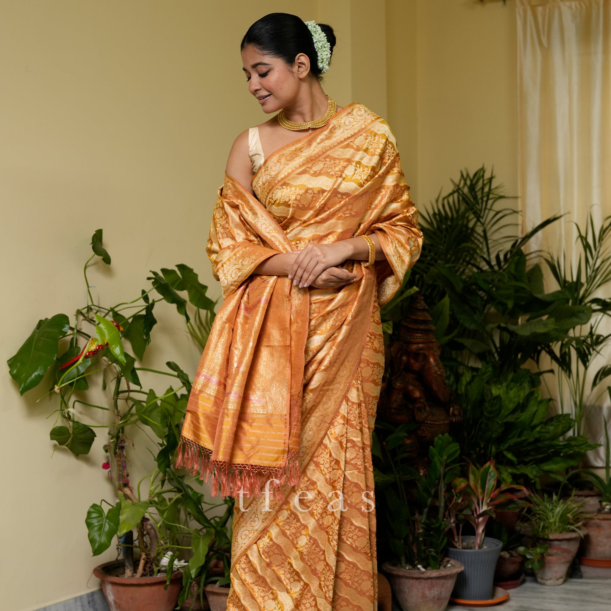 Mustard Natural Dyed Ada Khadwa Benarasi Saree